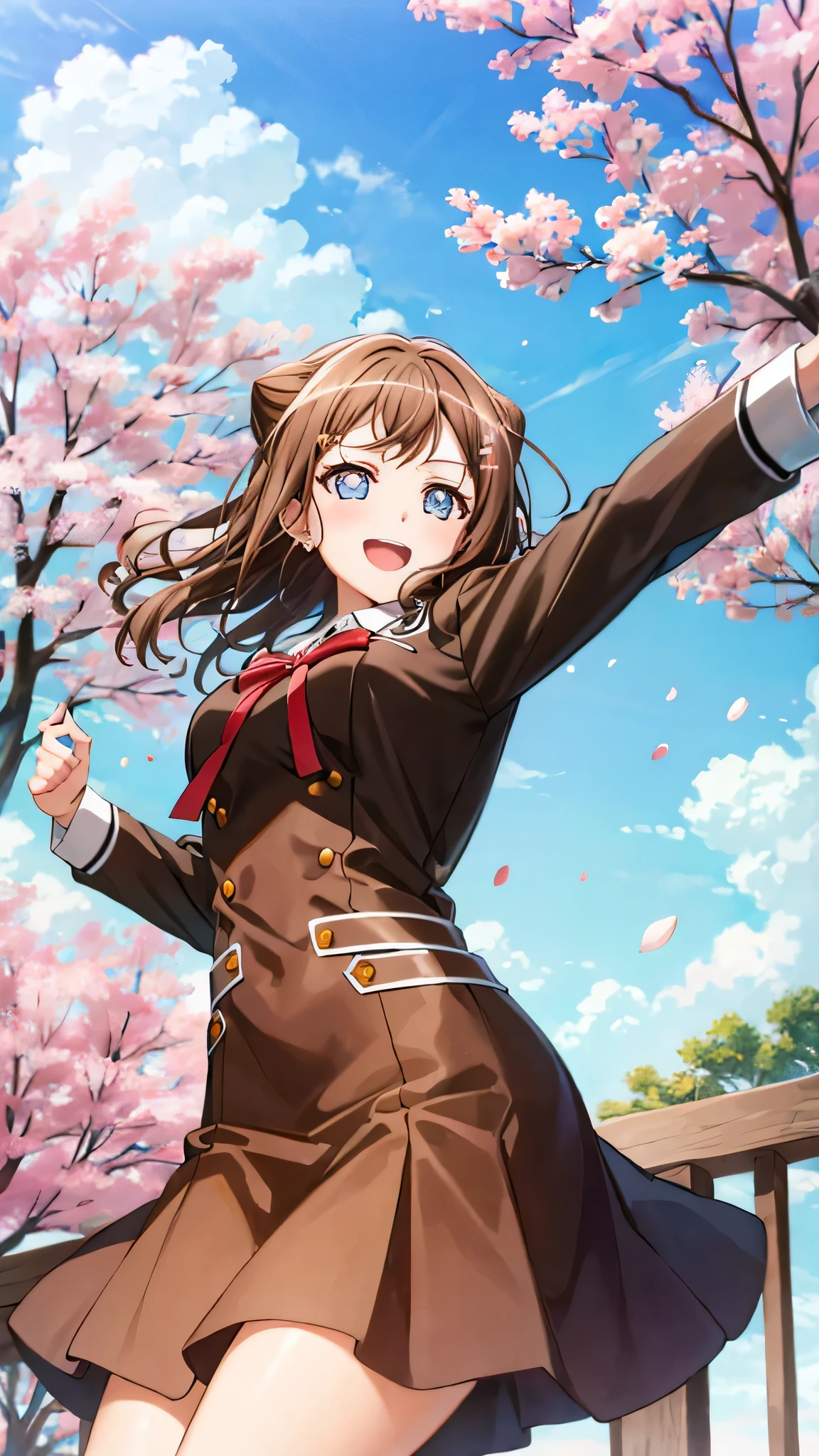 {{{masterpiece}}}, {{{best quality}}}, {{ultra-detailed}}, {illustration}, {{an extremely delicate and beautiful}}, (beautiful detailed eyes:1.6), extremely detailed face, 8k, anime face, BREAK, toyama kasumi(BanG Dream!), cute face, brown hair, cone hair bun, star hair ornament, medium breasts, thin waist, big hips, curvaceous, {school uniform}, {Hanasakigawa Girls' Academy High School Uniform(Winter clothes)}, neck ribbon, red ribbon, brown dress, white sailor collar, brown shirt, double-breasted, long sleeves, brown skirt, black socks, loafers, brown footwear, BREAK, smile, outdoors, tree, falling petals, cherry blossoms, daytime, In front of the school gate, outstretched arms, open mouth, under the sunlight , from below, sky