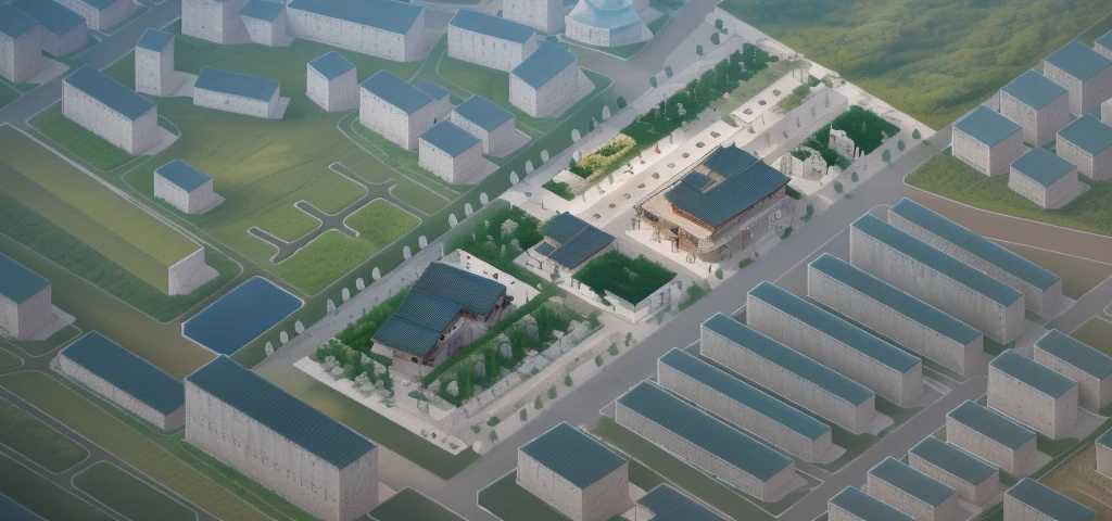 City aerial view，Highest quality，Chinese Ink Painting，antiquity,Rural buildings between mountains and rivers，Glass facades，Clean glass，Trees，Decorative Arts，Sloped roof，Best quality,Architectural Photography,Photorealism,Hyperrealism,Ultra Detailed，V-ray，（architectural design）