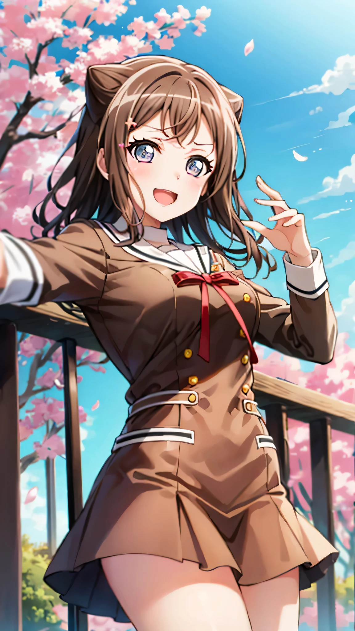 {{{masterpiece}}}, {{{best quality}}}, {{ultra-detailed}}, {illustration}, {{an extremely delicate and beautiful}}, (beautiful detailed eyes:1.6), extremely detailed face, 8k, anime face, BREAK, toyama kasumi(BanG Dream!), cute face, brown hair, cone hair bun, star hair ornament, medium breasts, thin waist, big hips, curvaceous, {school uniform}, {Hanasakigawa Girls' Academy High School Uniform(Winter clothes)}, neck ribbon, red ribbon, brown dress, white sailor collar, brown shirt, double-breasted, long sleeves, brown skirt, black socks, loafers, brown footwear, BREAK, smile, outdoors, tree, falling petals, cherry blossoms, daytime, In front of the school gate, outstretched arms, open mouth, under the sunlight , from below, sky