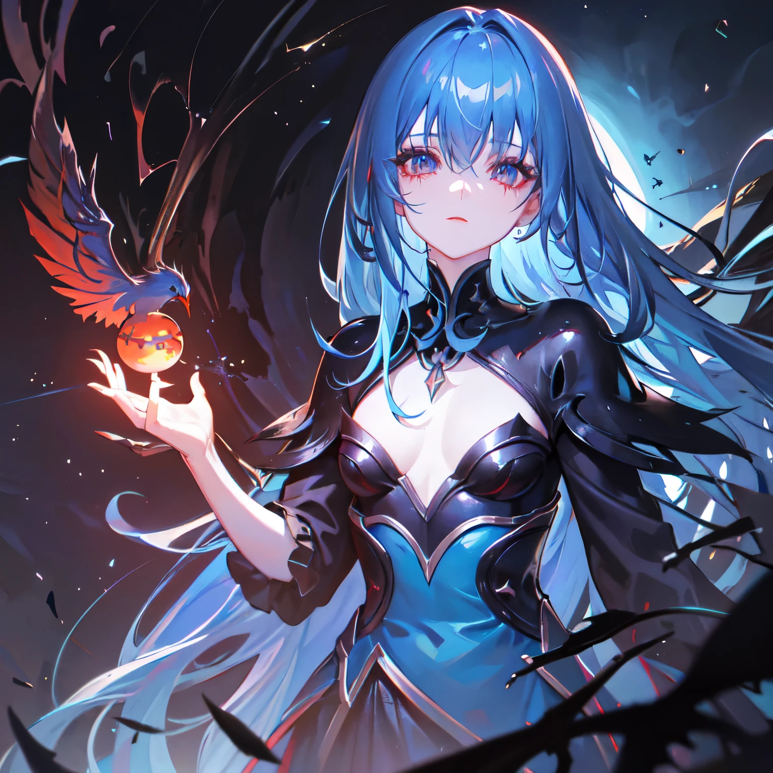 die,Blood,night, dark, (Fantasy),unlimited,Deep blue sky,The abyss of Knowledge,Knowledge,((masterpiece)), (((Highest quality))),((Beautiful attention to detail)),(eyelash),monster,(1 Girl),Blue Hair,Long Hair,Eye of the Abyss,Shiny skin,Oil,Small breasts,(Bird's body,feather),Wear rags, Tzeentch,Fairy,extremely detailed CG unity 8k wallpaper,masterpiece, ((Super detailed)), ((figure)),colorful,wallpaper,energy,Fear of the unknown,Mysterious,Around the magic,Magical Surroundings,Magic wand,Book,Pages flying through the sky,Know it all,Predicting the future,Know the past,unlimited wisdom,Blue Flame,Warlock,magic circle,Pentagram,incantation,Mantra,Singing Magic,