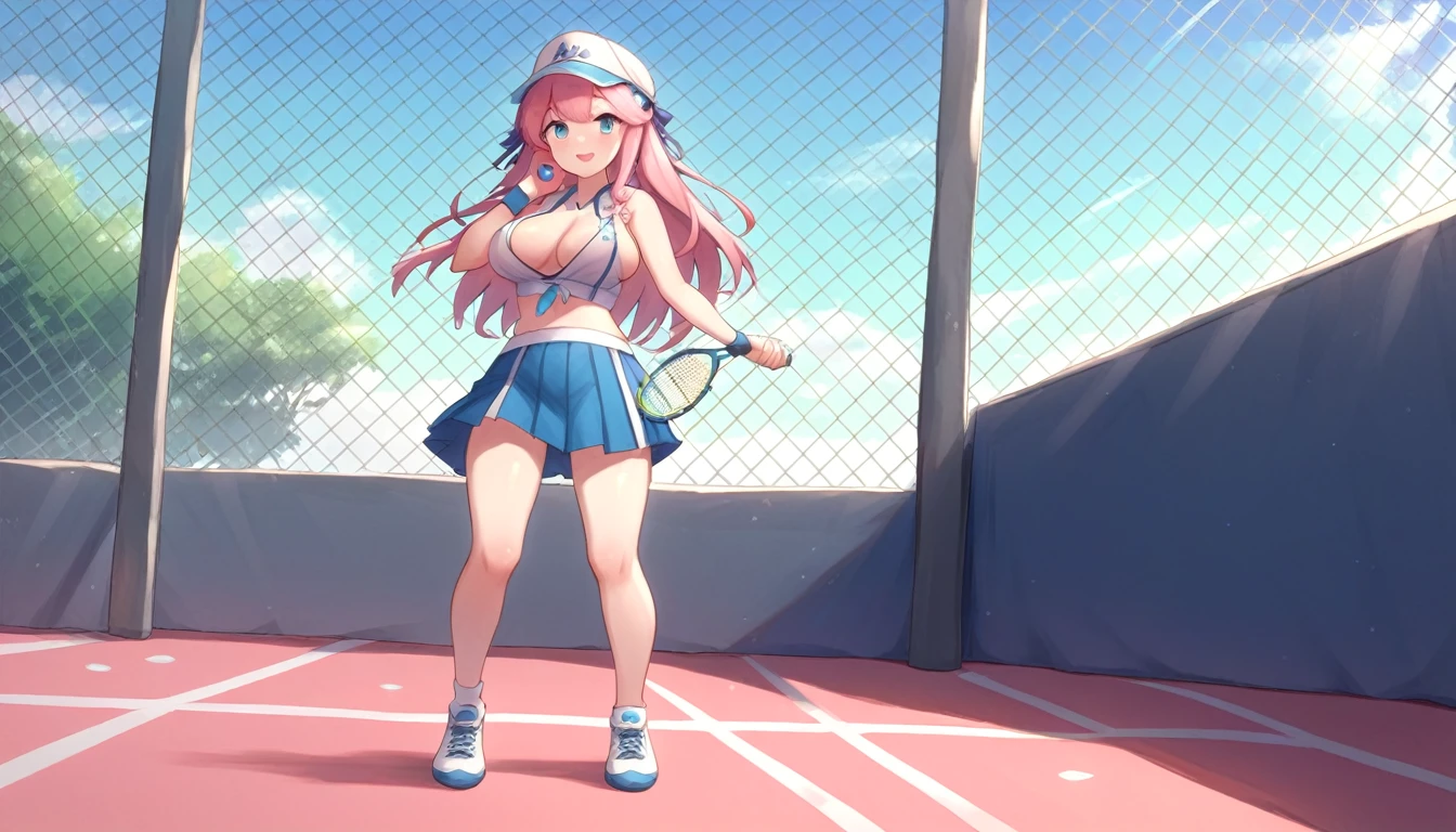 ((1girl:1.3)),((moe style:1.3)), blue_poison_(arknights), arknights, pink_hair, blue_eyes full body, posing, ((tennis outfit:1.3)), ((standing:1.3)), ((fondling breasts:1.3)), ((large breasts:1.3)), ((moe style:1.3)), ((perfect face)), ((extremely cute:1.3)), ((masterpiece:1.3)), ((8k)), ((best quality:1.3)), ((beautiful)), ((extremely detailed:1.3)) , ((absurdres)), AddXL, ((score_9:1.3)), ((score_8_up:1.3)), ((score_7_up:1.3)), aaaa (quad-a)