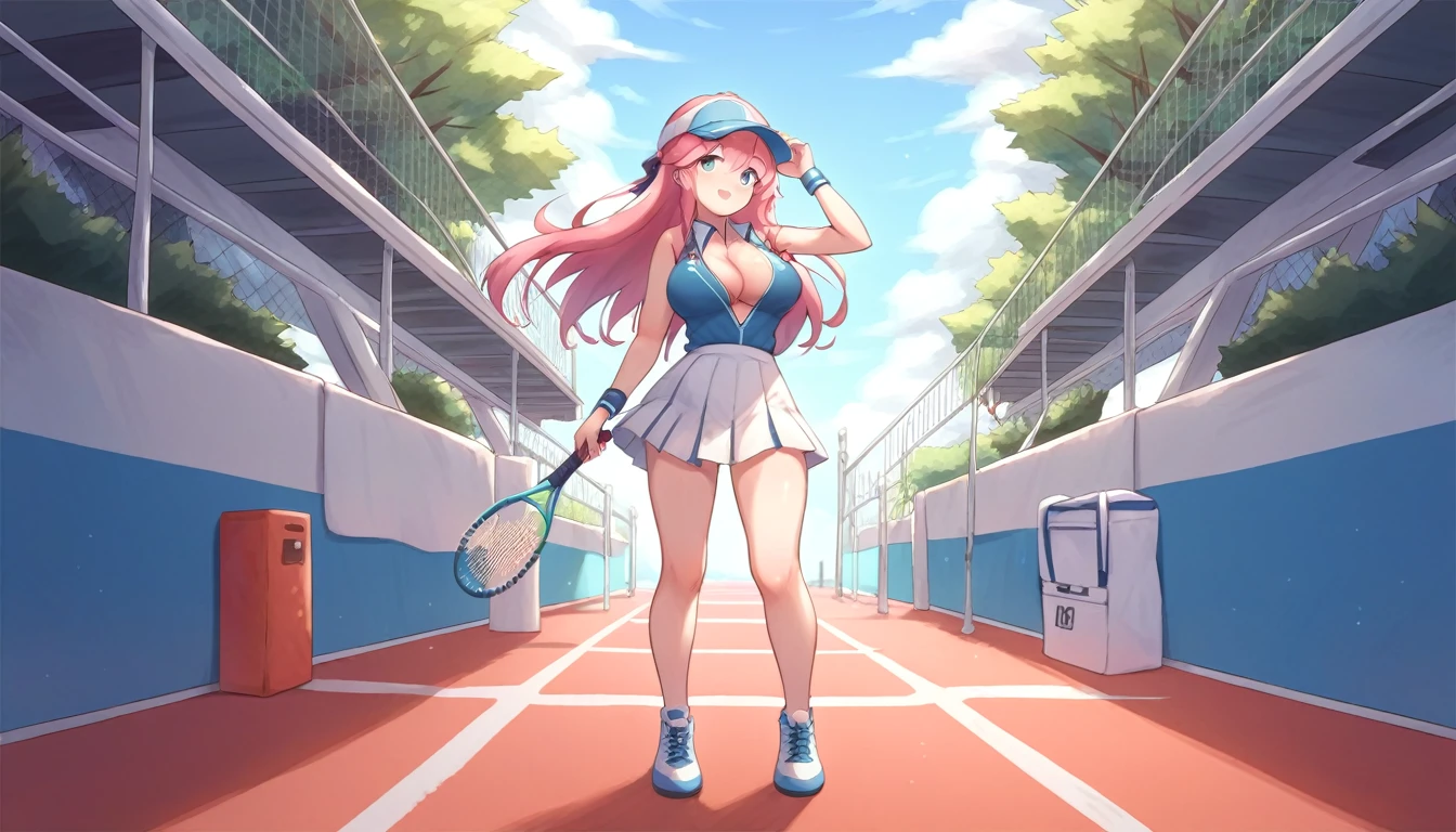 ((1girl:1.3)),((moe style:1.3)), blue_poison_(arknights), arknights, pink_hair, blue_eyes full body, posing, ((tennis outfit:1.3)), ((standing:1.3)), ((fondling breasts:1.3)), ((large breasts:1.3)), ((moe style:1.3)), ((perfect face)), ((extremely cute:1.3)), ((masterpiece:1.3)), ((8k)), ((best quality:1.3)), ((beautiful)), ((extremely detailed:1.3)) , ((absurdres)), AddXL, ((score_9:1.3)), ((score_8_up:1.3)), ((score_7_up:1.3)), aaaa (quad-a)