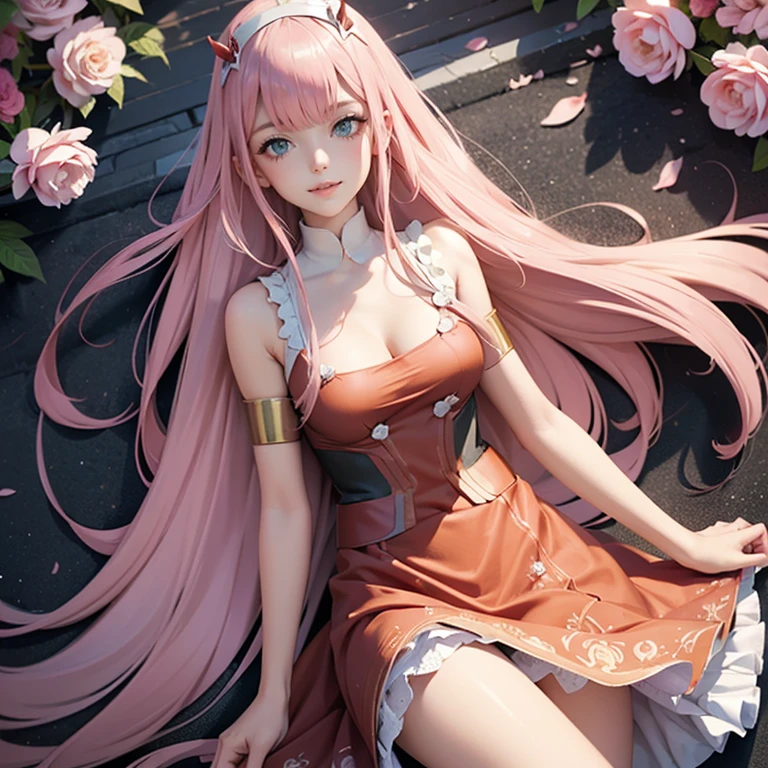 Zero Two, long hair, pink hair, red horns, long flowing hair, floating hair, ornament hair, perfectly body, perfectly hands, dark pink rose on hair, maid, maid dress, maid headdress, maid apron, white apron, on street, petals in the air, blossom peach tree, centered girl, maid dress, red dress, more details on her clothes, dress with transparency, golden details, daylight, smiling, cape, ((4k, masterpiece, top-quality)),8k, best quality, high resolution, HD, (illustration:0.8), super cute girl, delicate and beautiful face, 1girl, solo, mature girl, super cute hairstyle, (beautiful detailed eyes:1.6), extremely detailed face, perfect lighting, extremely detailed CG, (perfect hands, perfect anatomy), Best quality, cleavage, small skirt, full Body,