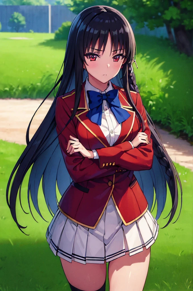 (masterpiece, best quality:1.5), (ultra detailed:1.4), super fine illustration, perfect anatomy, 8k portrait,
1girl,
Suzune Horikita, 
Suzune Horikita \(youjitsu\),
long hair, braid, 
black hair, 
red eyes, slant eyes, small eyes, 
blue bow, 
(medium breasts:0.9), 
red jacket, pleated skirt, black thigh-high socks,
BREAK looking at viewer, standing, 
cowboy shot, 
perfect light, 