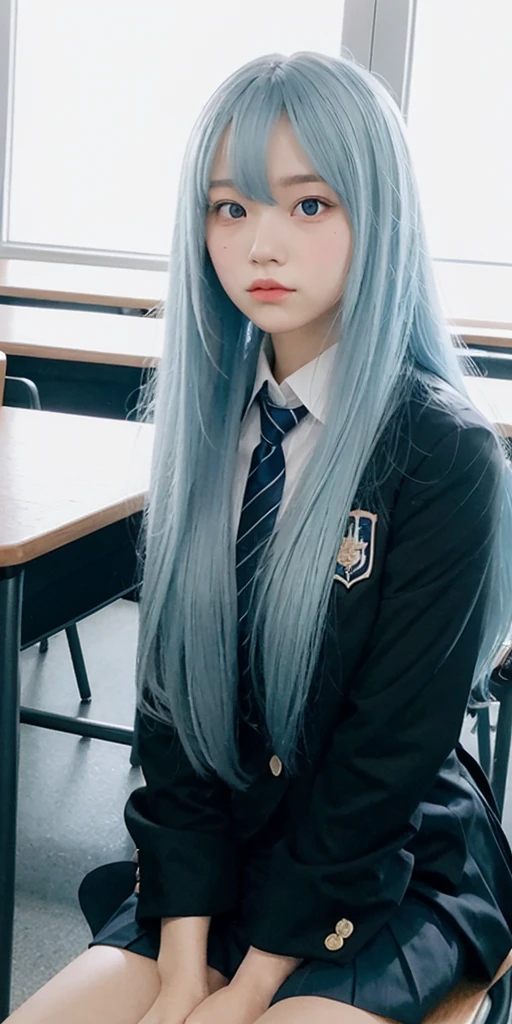 1girl, long light blue hair, dark blue, sit in class, black school modern uniform, anime