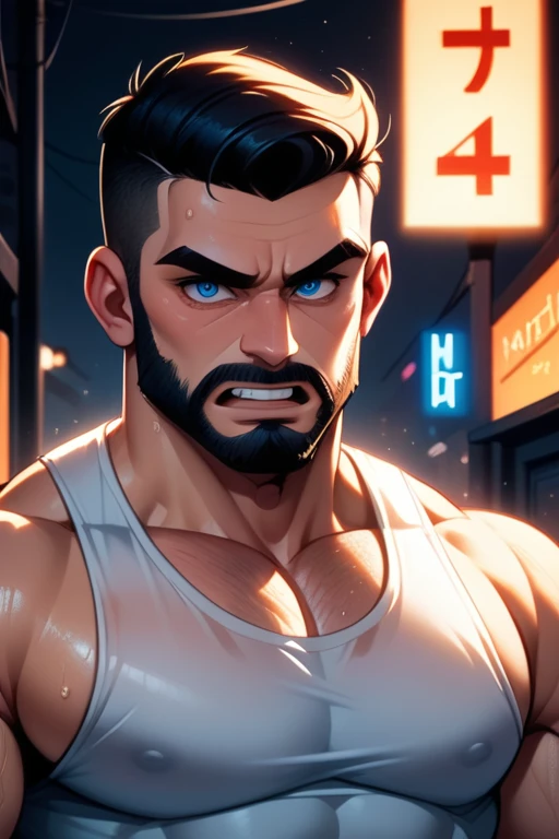 45 year old man(cobalt blue eyes; middle-aged; salt-and-pepper crew cut; epic square jawline; rough; rugged; muscular and imposing; incredible beard; masculine; round-faced, Kurt Russell), Disney-style cgi, futuristic; dystopian; best quality; high detail; trending on artstation; complex volumetric lighting; grungy white tank top; 80s action hero; sweaty; grimy; upper body shot; cop who plays by his own rules; firing a gun in a neon-lit alley; gruff; angry
