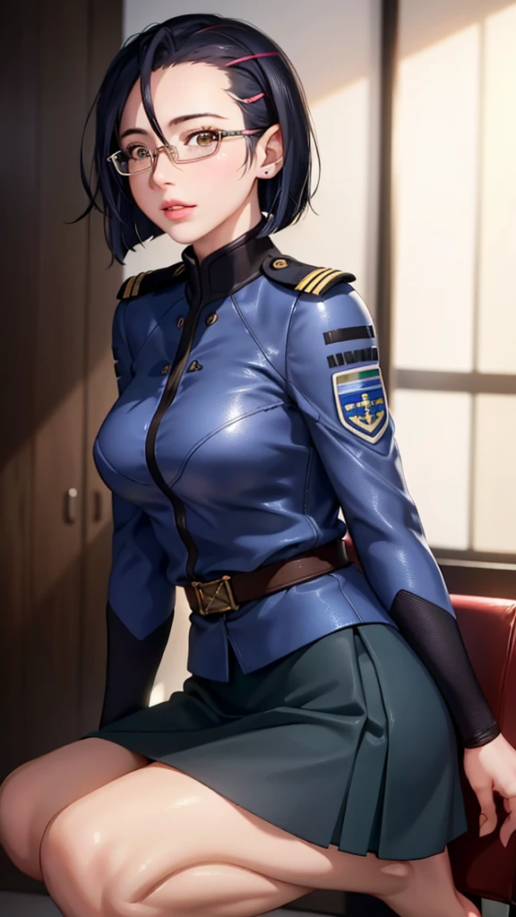 Beautiful young girl with blue short hair, A light smile, Brown eyes, hair clips, lips, Stud earrings, Semi-rimless eyewear, , Big butt but small breasts, (Highest quality,4K,8K,High resolution,masterpiece:1.2),Very detailed,(Realistic,photoRealistic,photo-Realistic:1.37),Very detailed顔, Very detailed目と顔, Long eyelashes, Beautiful attention to detail, beautiful detailed lips, Concept Art, Cinema Lighting, Vibrant colors, a beautiful girl in military uniform,short wavy hair,glasses,busty,detailed face,beautiful eyes,beautiful lips,highly detailed,photorealistic,8K,masterpiece,studio lighting,dynamic pose,intricate details,dramatic lighting,cinematic atmosphere,vibrant colors,elegant,powerful,confident((Women's military uniform、Formal wear、skirt))