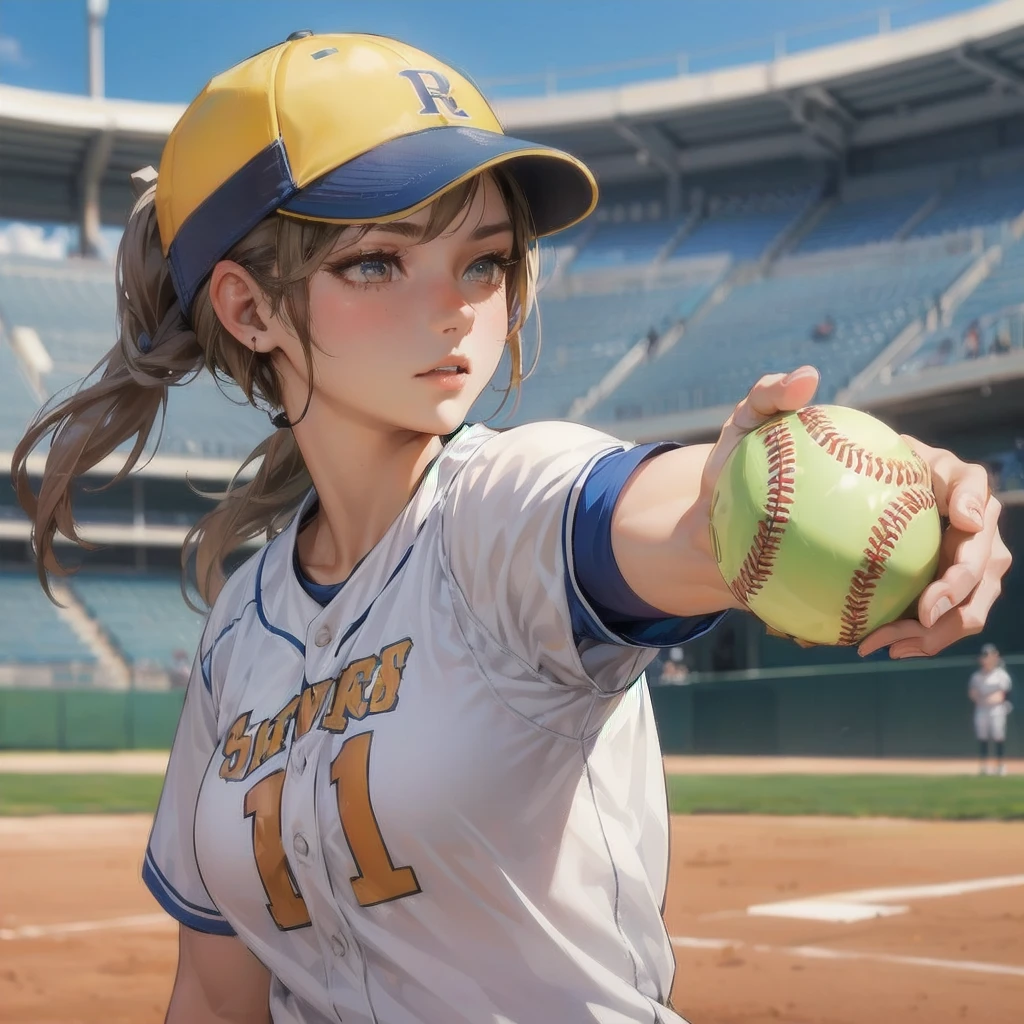 masterpiece, (textured skin), best quality, gorgeous beautiful girl, (a female softball athlete), detailed clothes,large breasts,narrow waist,, (beautiful face), cinematic lighting, (at softball venue ),