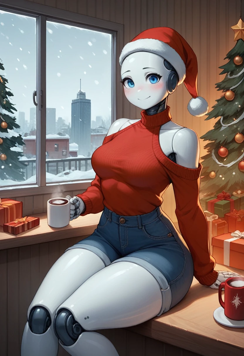 a beautiful and detailed portrait of jenny wakeman,happy,blue eyes,warm, red sweater, jeans, sitting at a booth, ((white skin:1.2)), medium breasts, Christmas hat, Christmas gifts, lights, Christmas tree back, cityscape, snow falling window, inside, window, hot chocolate, shop, solo, bare shoulder, table, sitting across, point of view, hot chocolate mug, night time, snow falling on window,blushing thick thighs, wide hips, robotic body, robot joints, metallic body, by berseepon