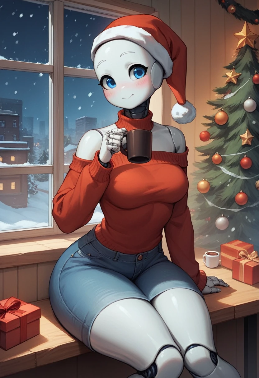 a beautiful and detailed portrait of jenny wakeman,happy,blue eyes,warm, red sweater, jeans, sitting at a booth, ((white skin:1.2)), medium breasts, Christmas hat, Christmas gifts, lights, Christmas tree back, cityscape, snow falling window, inside, window, hot chocolate, shop, solo, bare shoulder, table, sitting across, point of view, hot chocolate mug, night time, snow falling on window,blushing thick thighs, wide hips, robotic body, robot joints, metallic body, by berseepon