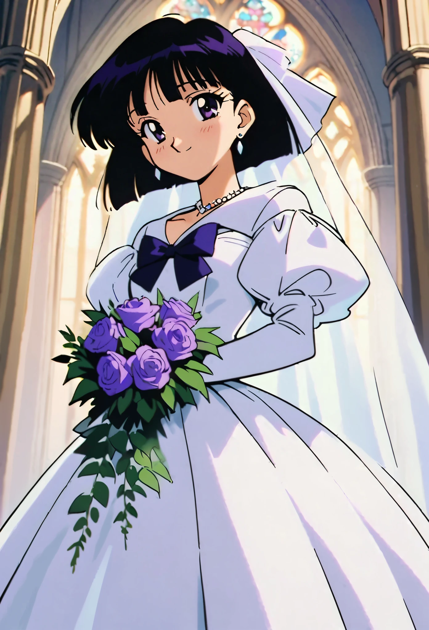 masterpiece,best quality,very aesthetic,absurdres,Sailor Saturn XL,1990s \(style\),1girl,solo,short hair,black hair,purple eyes,wedding dress,cathedral,holding bouquet,purple flower,stud earrings,necklace,light smile,cowboy shot,