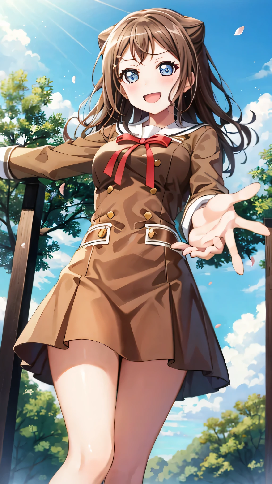 {{{masterpiece}}}, {{{best quality}}}, {{ultra-detailed}}, {illustration}, {{an extremely delicate and beautiful}}, (beautiful detailed eyes:1.6), extremely detailed face, 8k, anime face, BREAK, toyama kasumi(BanG Dream!), cute face, brown hair, cone hair bun, star hair ornament, medium breasts, thin waist, big hips, curvaceous, {school uniform}, {Hanasakigawa Girls' Academy High School Uniform(Winter clothes)}, neck ribbon, red ribbon, brown dress, white sailor collar, brown shirt, double-breasted, long sleeves, brown skirt, black socks, loafers, brown footwear, BREAK, smile, outdoors, tree, falling petals, cherry blossoms, daytime, In front of the school gate, outstretched arms, open mouth, under the sunlight , from below, sky