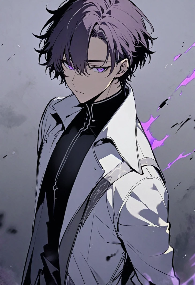 Handsome, solo, male, short hair, hair covers left eye, dark lavender hair, purple eyes, black shirt, black pant, black and white coat