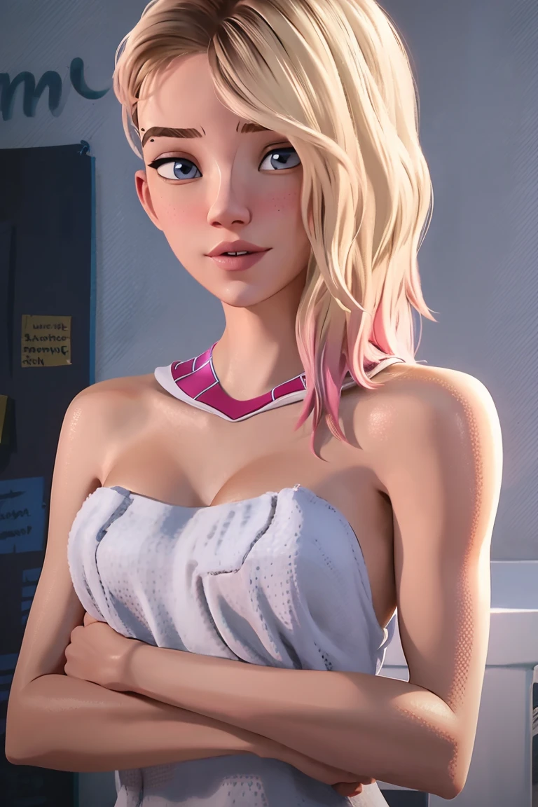 realistic, Realism, Gwen Stacy, small breast, sexy, nude, no costume, only towel on breast, topless, photorealistic, high contrast, (фотоrealistic:1.4), (ideal female figure), 8k high definition, detailed, realistic, (Best quality, main part:1.2), photon mapping, radio side, physically based rendering, Best quality, very detailed, 1 girl, bathroom, ((towel on the chest)), , upper body