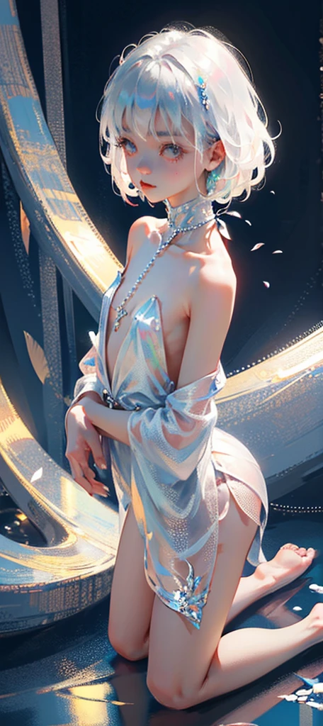 A girl、symmetry,Daughter,whole body 女恋,Put your hands together and bloom,(Very detailed:1.1),((small :1.2))、The eyes are well drawn、Charming eyes、Double tail、Wear jewelry and pearls around your neck,Transparent openwork、Deep V、Crystal Pearls、在Wear jewelry and pearls around your neck,white hair, show your thighs, Bare shoulders, Show Clavicle, Yao Liu, barefoot,((whole body))、painful posture