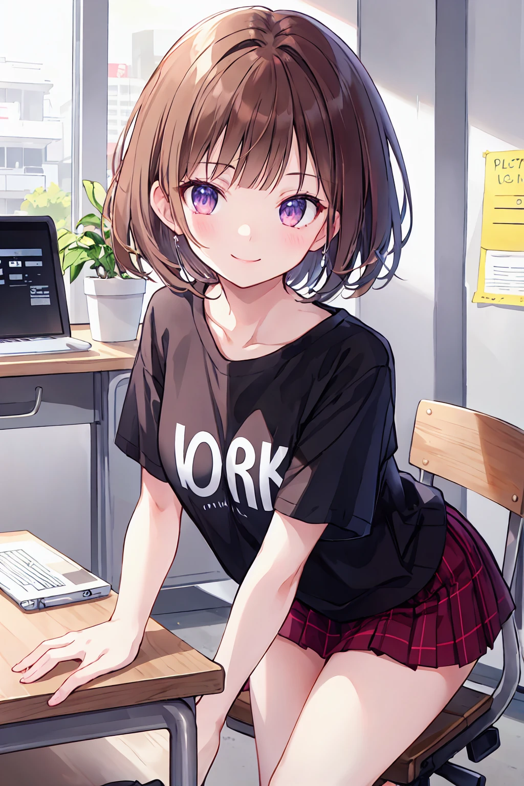Frame In, Face and body from the front, View from the front, Upper Body, high quality, Very high resolution, high quality, Very high resolution, pretty girl, Brown Hair, amount, Blunt bangs, Bobcut, blush, Raked up bangs, (Wearing a plain T-shirt), upright, Pleated skirt, Work Desk, Sit in a work chair, Place your hands on your thighs, smile, Leaning forward, At the office