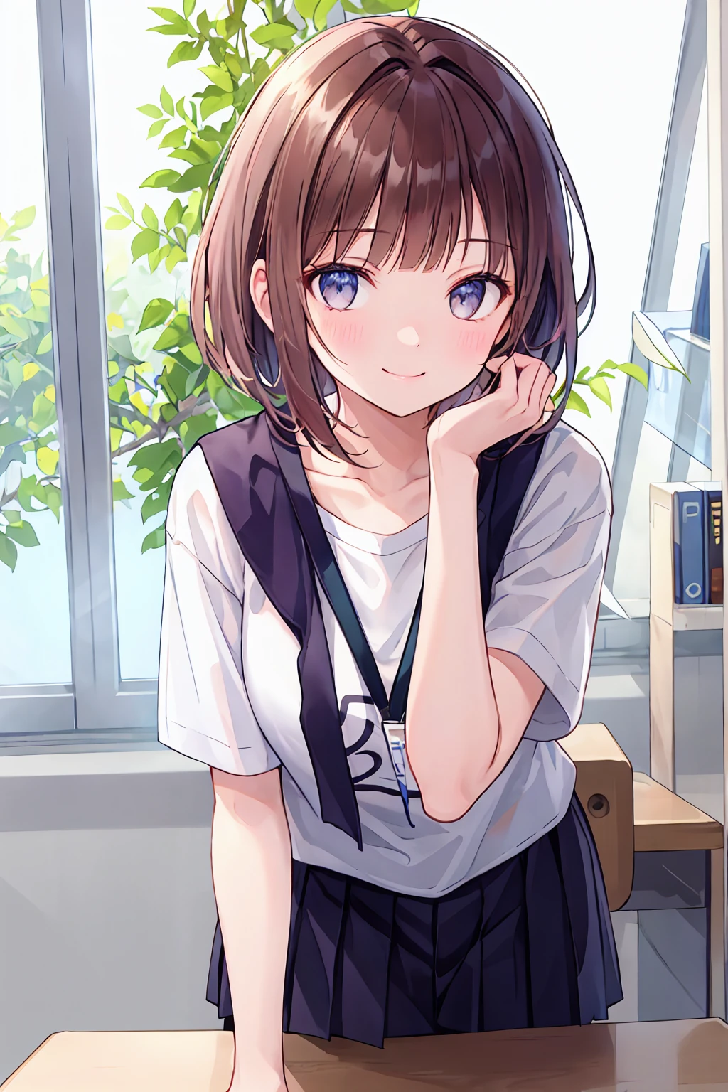 Frame In, Face and body from the front, View from the front, Upper Body, high quality, Very high resolution, high quality, Very high resolution, pretty girl, Brown Hair, amount, Blunt bangs, Bobcut, blush, Raked up bangs, (Wearing a plain T-shirt), upright, Pleated skirt, Work Desk, Sit in a work chair, Place your hands on your thighs, smile, Leaning forward, At the office