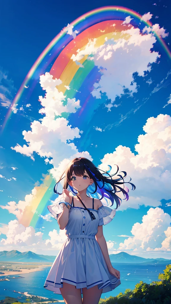 A big rainbow in the blue sky