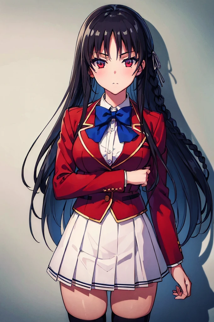 (masterpiece, best quality:1.5), (ultra detailed:1.4), (super fine illustration:1.2), perfect anatomy, 8k portrait,
1girl,
Suzune Horikita,
Suzune Horikita \(youjitsu\),
long hair, braid,
black hair,
red eyes, slant eyes, small eyes,
blue bow,
(medium breasts:0.9),
red jacket, pleated skirt, black thigh-high socks,
BREAK looking at viewer, standing,
cowboy shot,
perfect light,