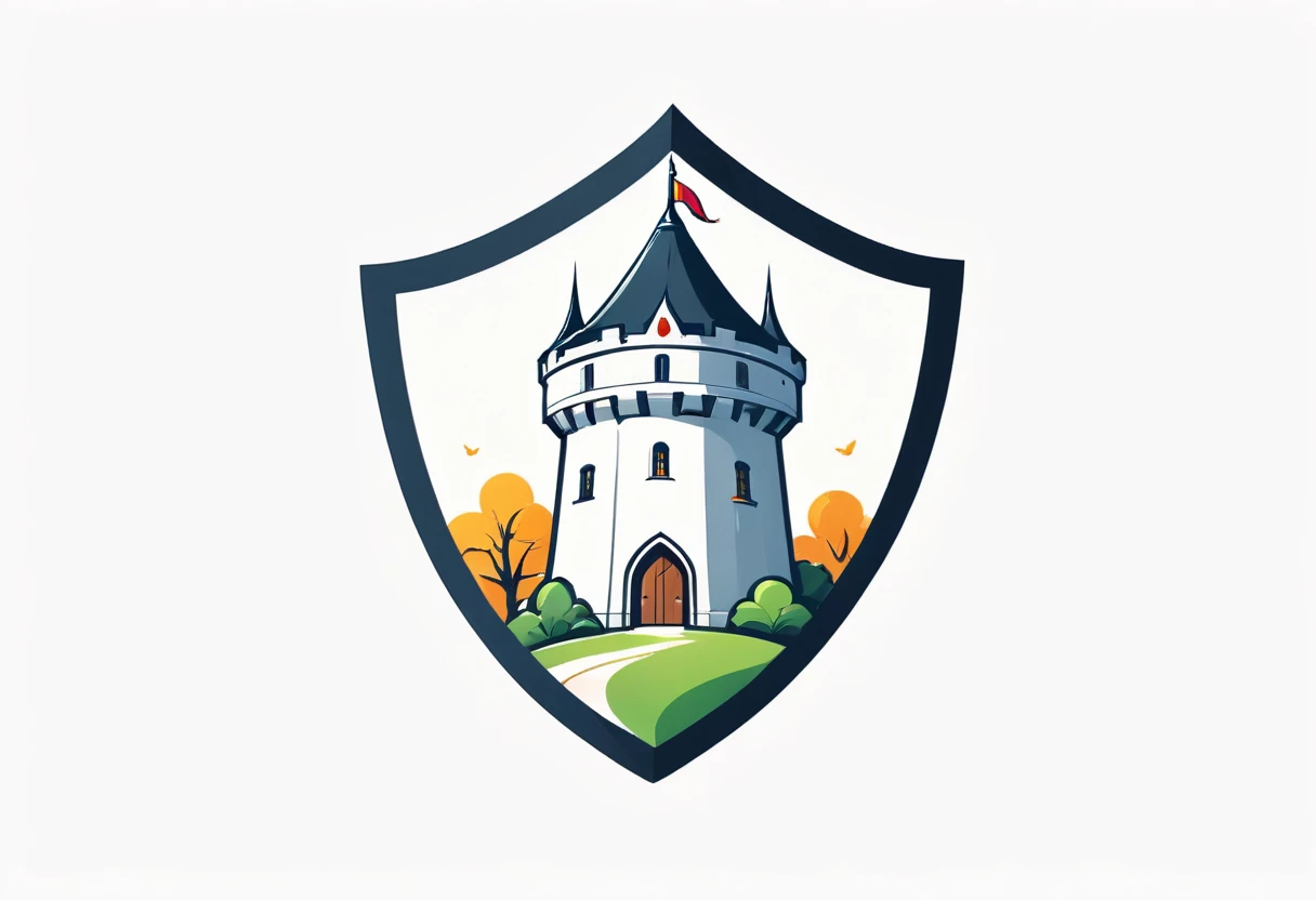 vector style, illustration, minimalist style, logo, cute style, cartoon style, guild icon like shield and guild tower on it, clear white background