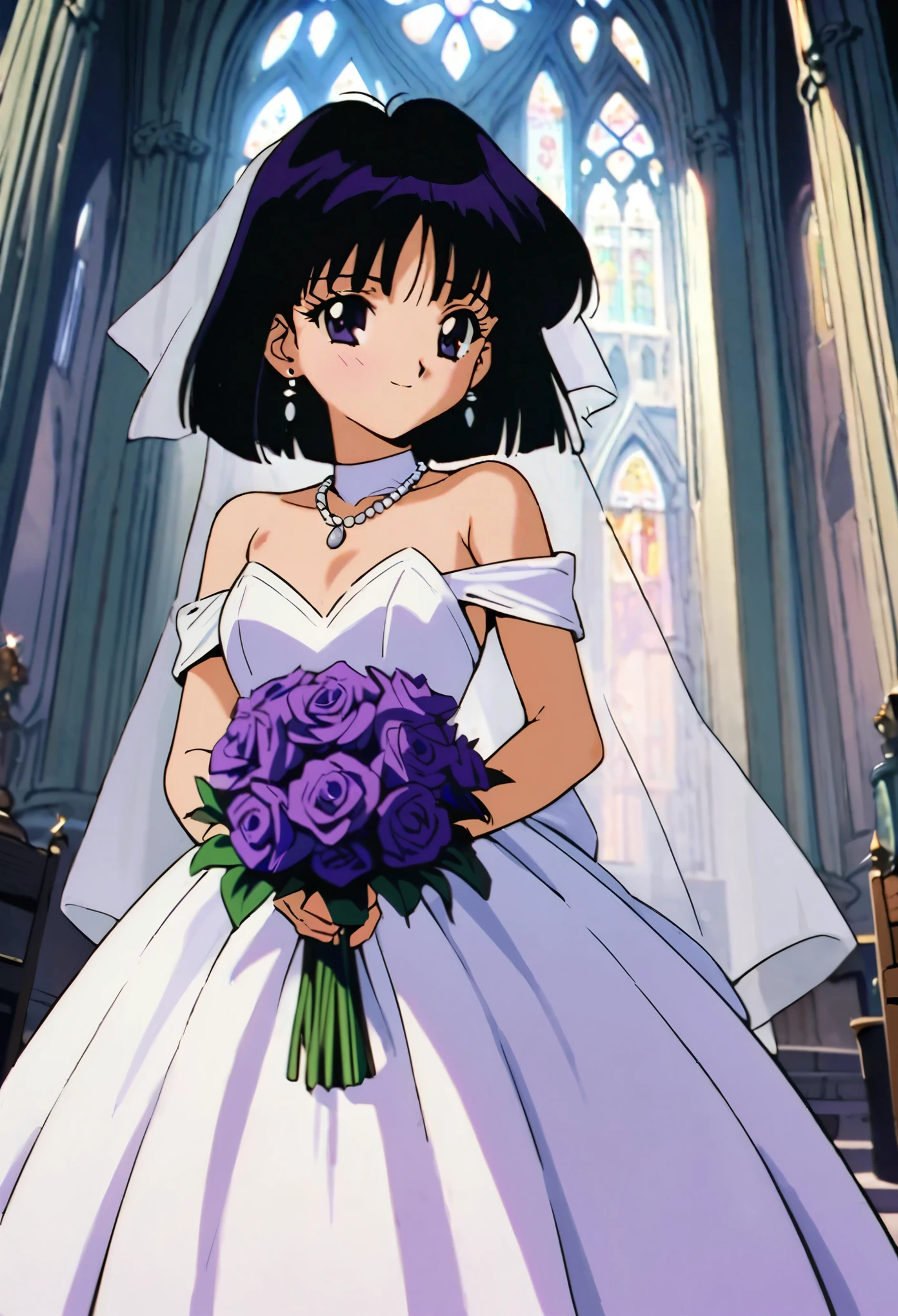 masterpiece,best quality,very aesthetic,absurdres,Sailor Saturn XL,1990s \(style\),1girl,solo,short hair,black hair,purple eyes,wedding dress,cathedral,holding bouquet,purple flower,stud earrings,necklace,light smile,cowboy shot,