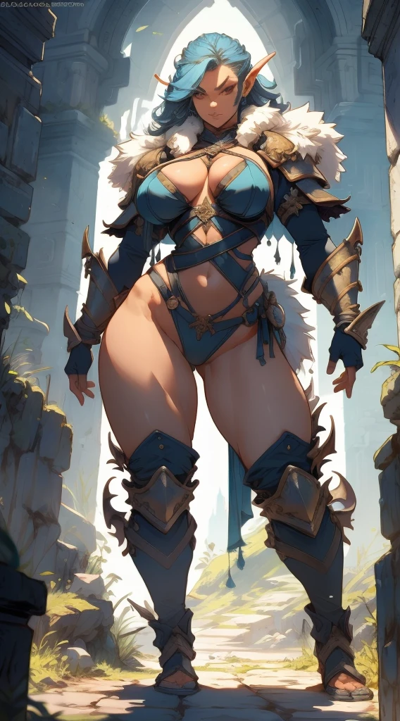 Sexy female orc, standing alone, standing alone, (standing alone)(standing alone) wearing fur armor, busty, curved