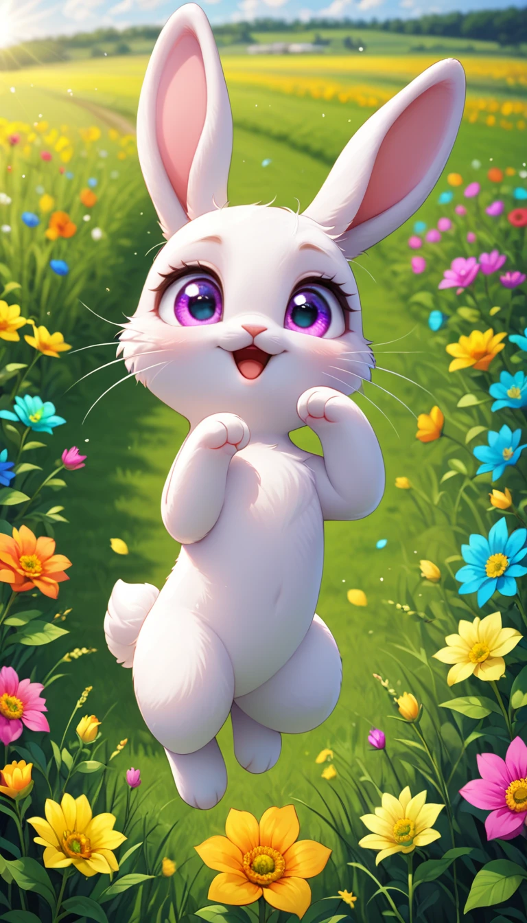 A cute little bunny with white whiskers and bright eyes,Little bunny jumping in a green field with colorful flowers in the background