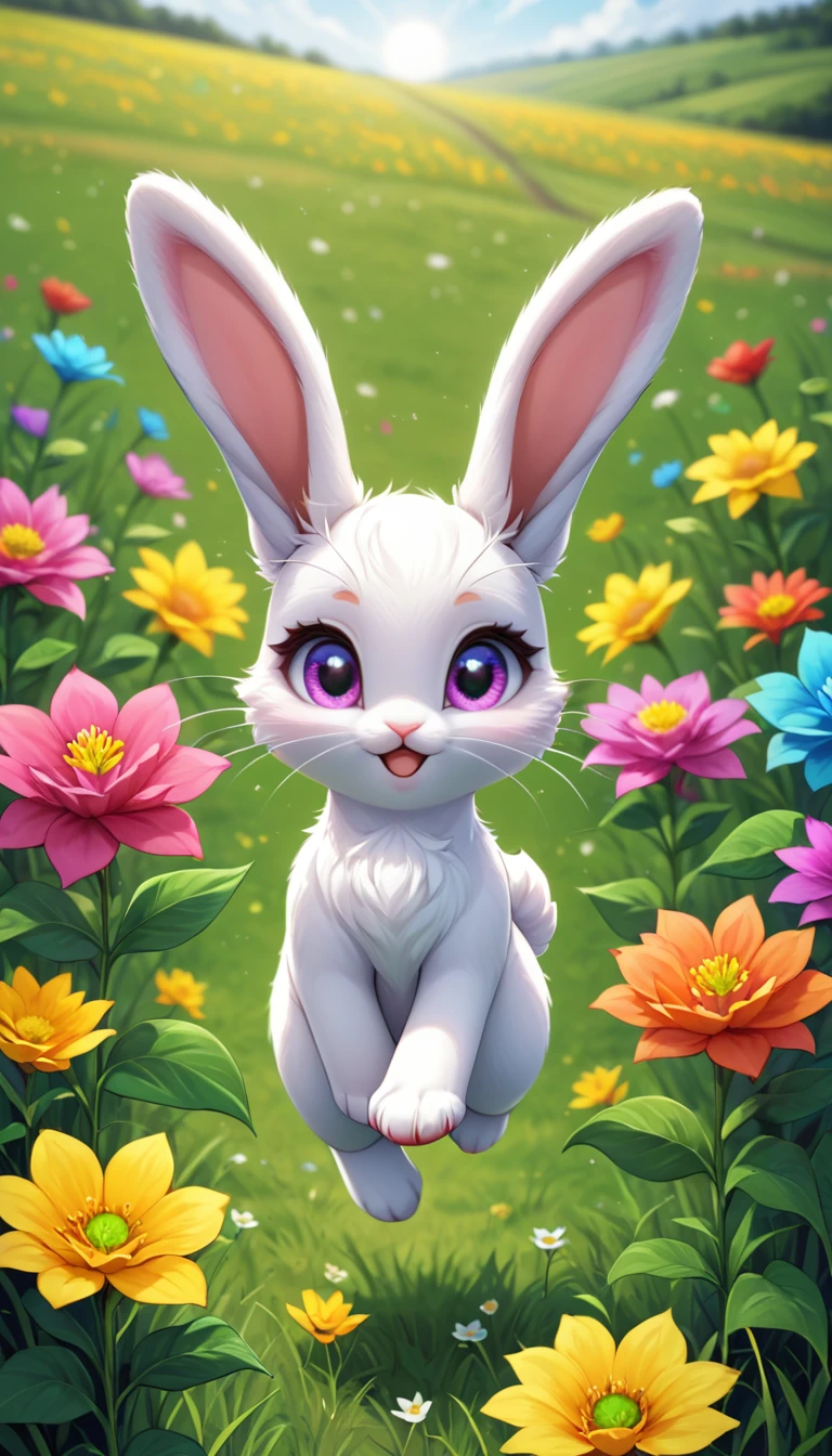 A cute little bunny with white whiskers and bright eyes,Little bunny jumping in a green field with colorful flowers in the background