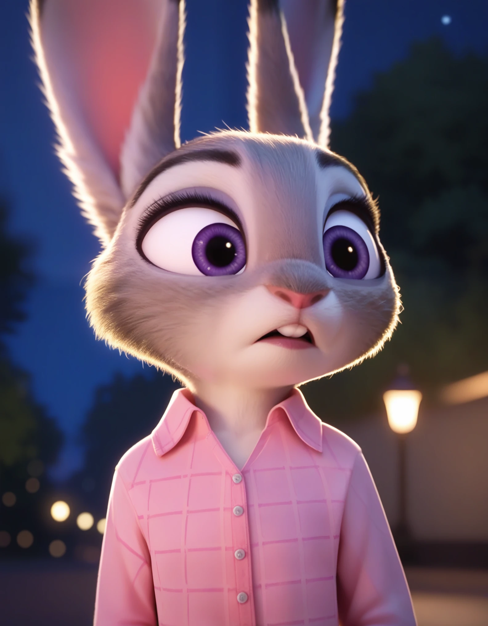 score_9, score_8_up, score_7_up, score_6_up, source_furry, judyhopps confused, dark, night, backlighting, solo, pink shirt, jeans, arms at sides, front view, portrait 