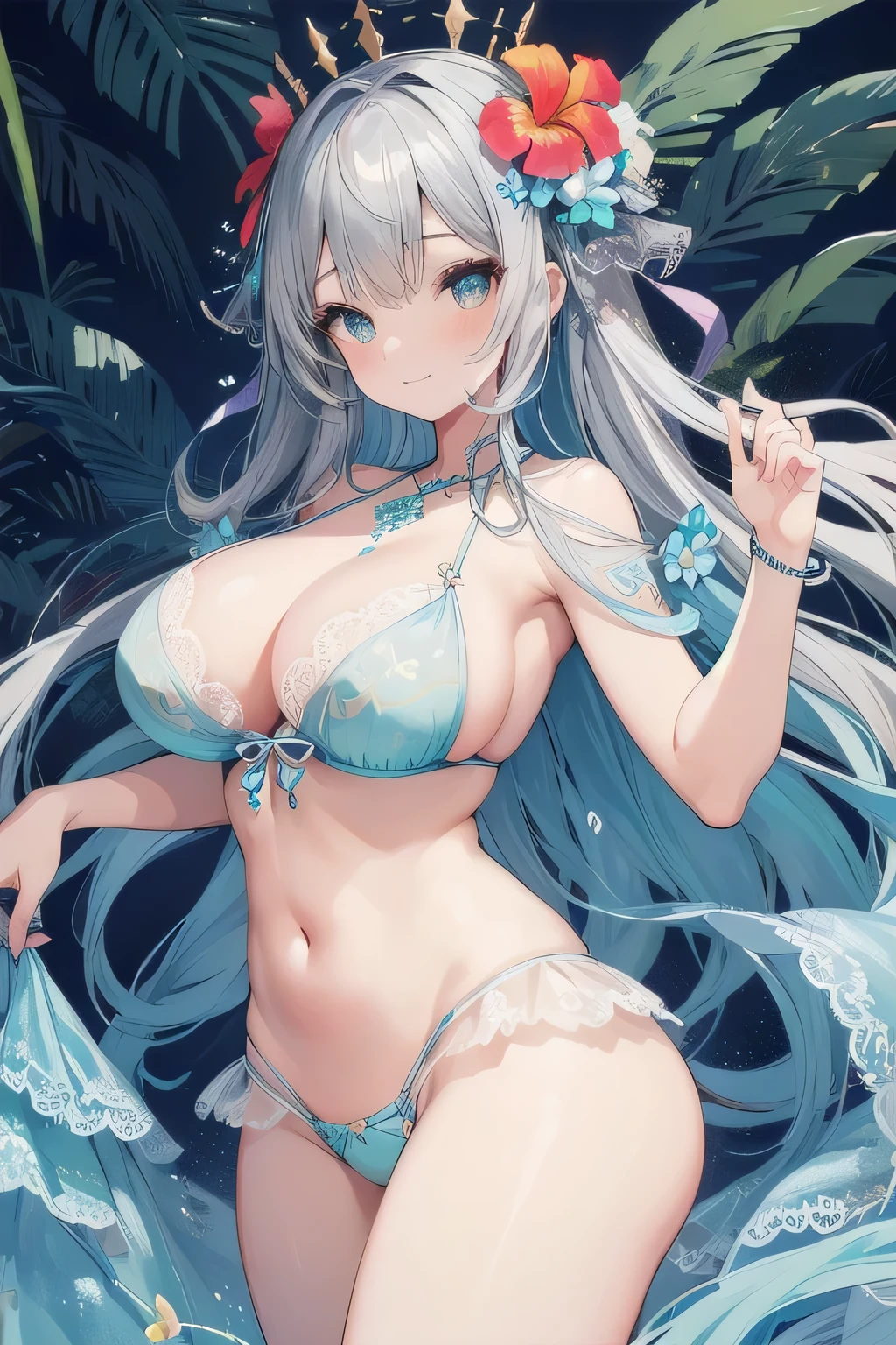 Super beautiful girl, Highest quality, Face in detail, Tropical flower background, Gray Hair, Light blue micro bikini, Lace decoration hair ornament, See-through, Emphasizes navel and curves, Big Ass, A kind smile, Large Breasts