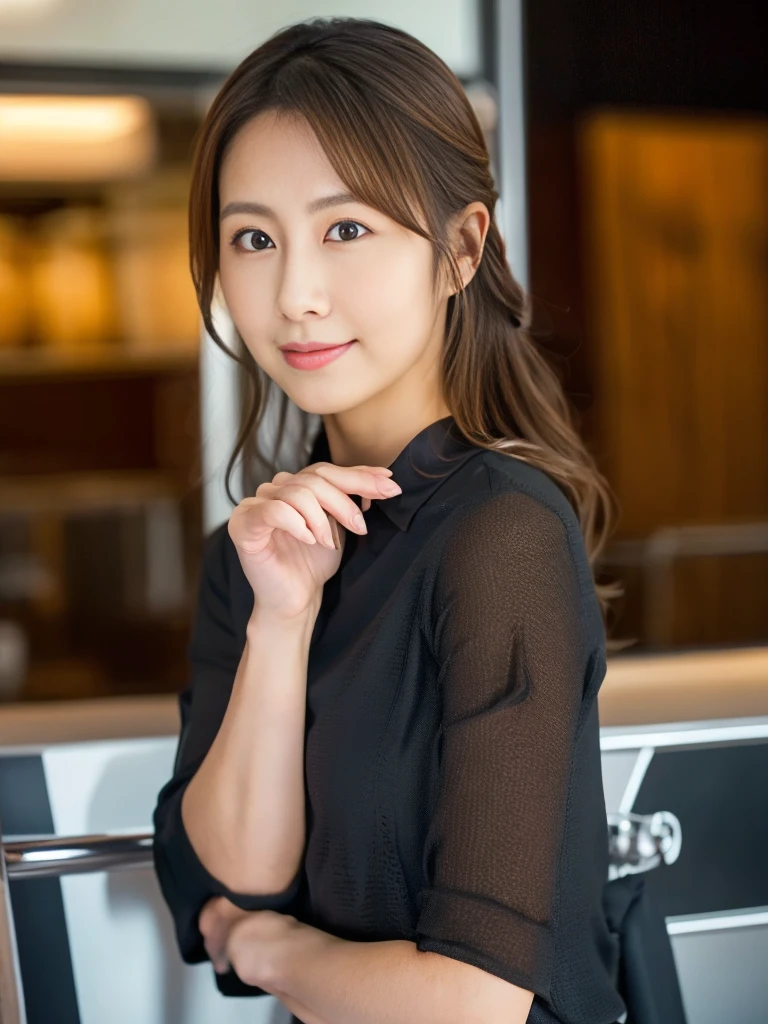 1 Girl, (Wearing a black blouse:1.2), Beautiful Japanese actresses,
(RAW Photos, Highest quality), (Realistic, Photorealistic:1.4), masterpiece, 
Very delicate and beautiful, Very detailed, 2k wallpaper, wonderful, 
finely, Very detailed CG Unity 8K 壁紙, Very detailedな, High resolution, 
Soft Light, Beautiful detailed girl, Very detailed目と顔, Beautiful and detailed nose, Beautiful and detailed, Cinema Lighting, 
break
(With a stylish cafe interior as the background 1.3), airport、 
Cabin attendant