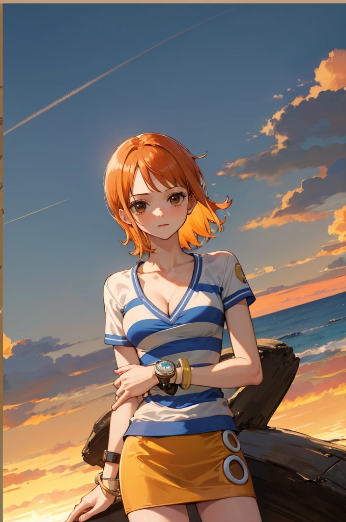 masterpiece, best quality, highres, nami (one piece), short hair, orange hair, brown eyes, cleavage, striped shirt, white shirt, short sleeves, bracelet, miniskirt, yellow skirt, sunset, standing