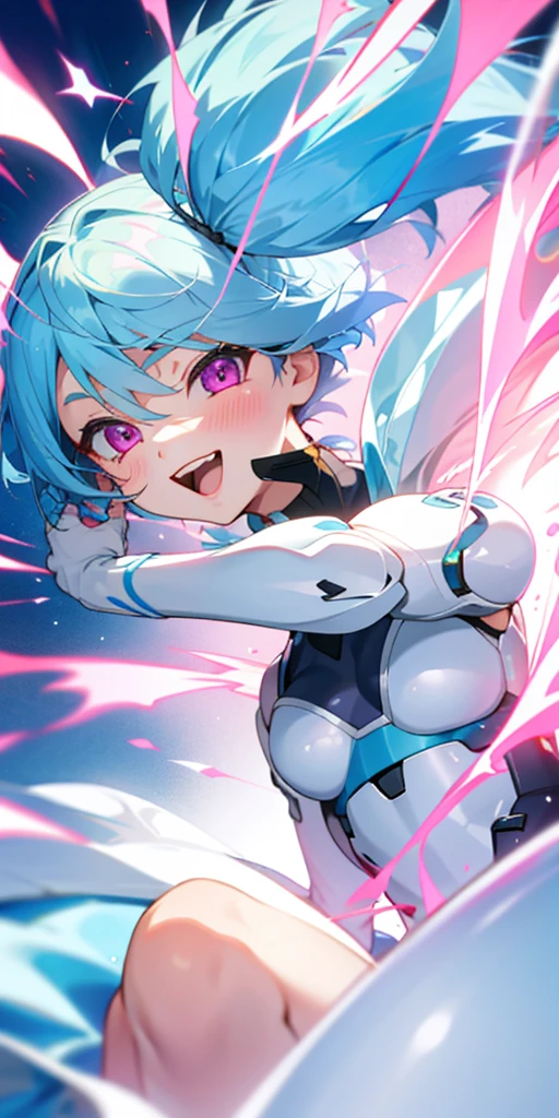 16-year-old girl、Light blue hair、Pink Eyes、Small breasts、A look of intense joy on one's face、A lot of acorns、white blouse shirt、Checked mini skirt、Upper body close-up、The background is a garden with flower petals falling..、Grin、From the side、Picturesque、Sharp contours