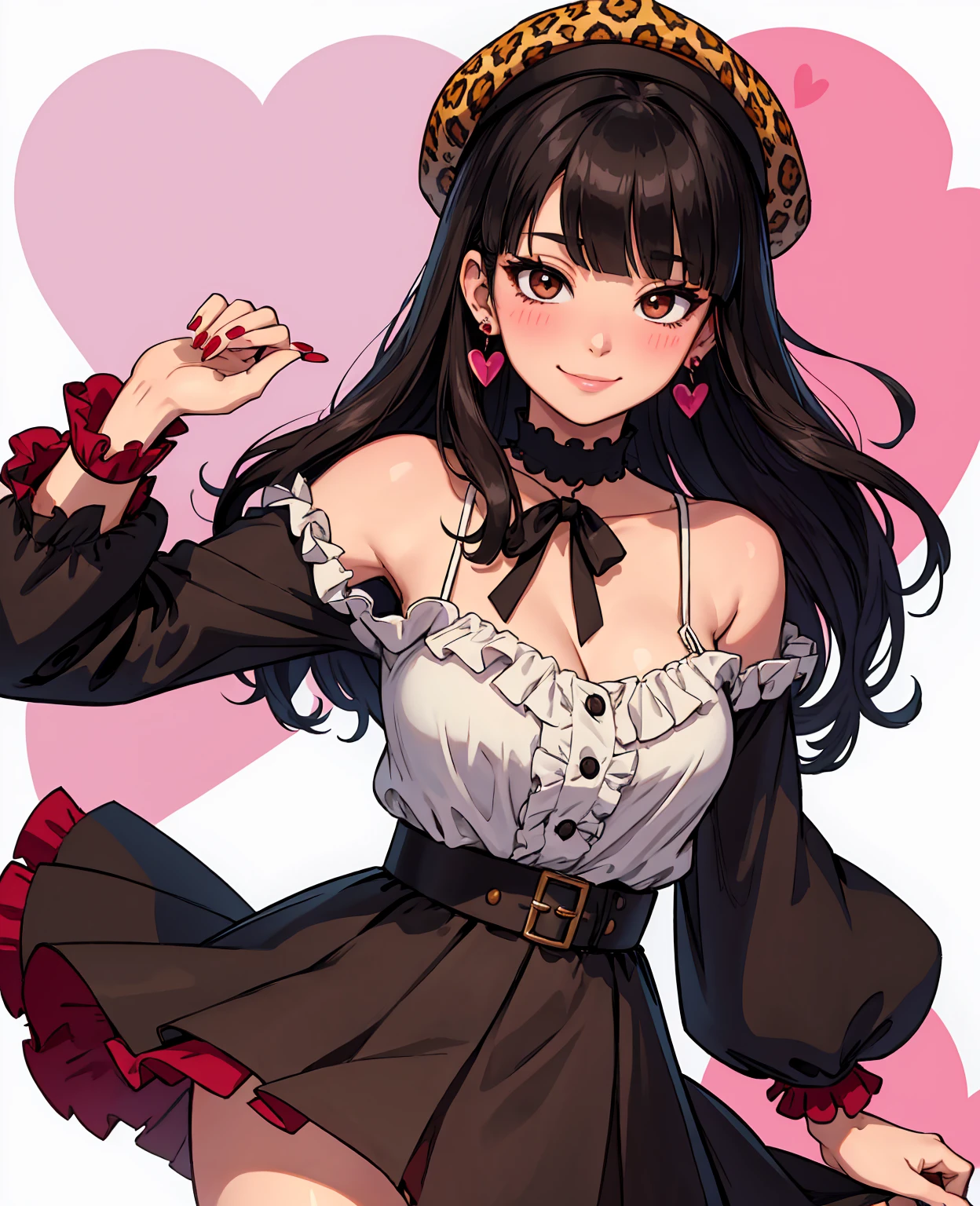 mayuzumi fuyuko, 1girl, solo, black hair, hat, jewelry, long hair, looking at viewer, bangs, earrings, skirt, white background, smile, shirt, simple background, heart earrings, long sleeves, heart, black headwear, black shirt, frilled choker, breasts, brown eyes, choker, blunt bangs, upper body, beret, medium breasts, brown skirt, frills, nail polish, ribbon, red nails, closed mouth, animal print, blush, frilled sleeves, leopard print, neck ribbon, own hands together
