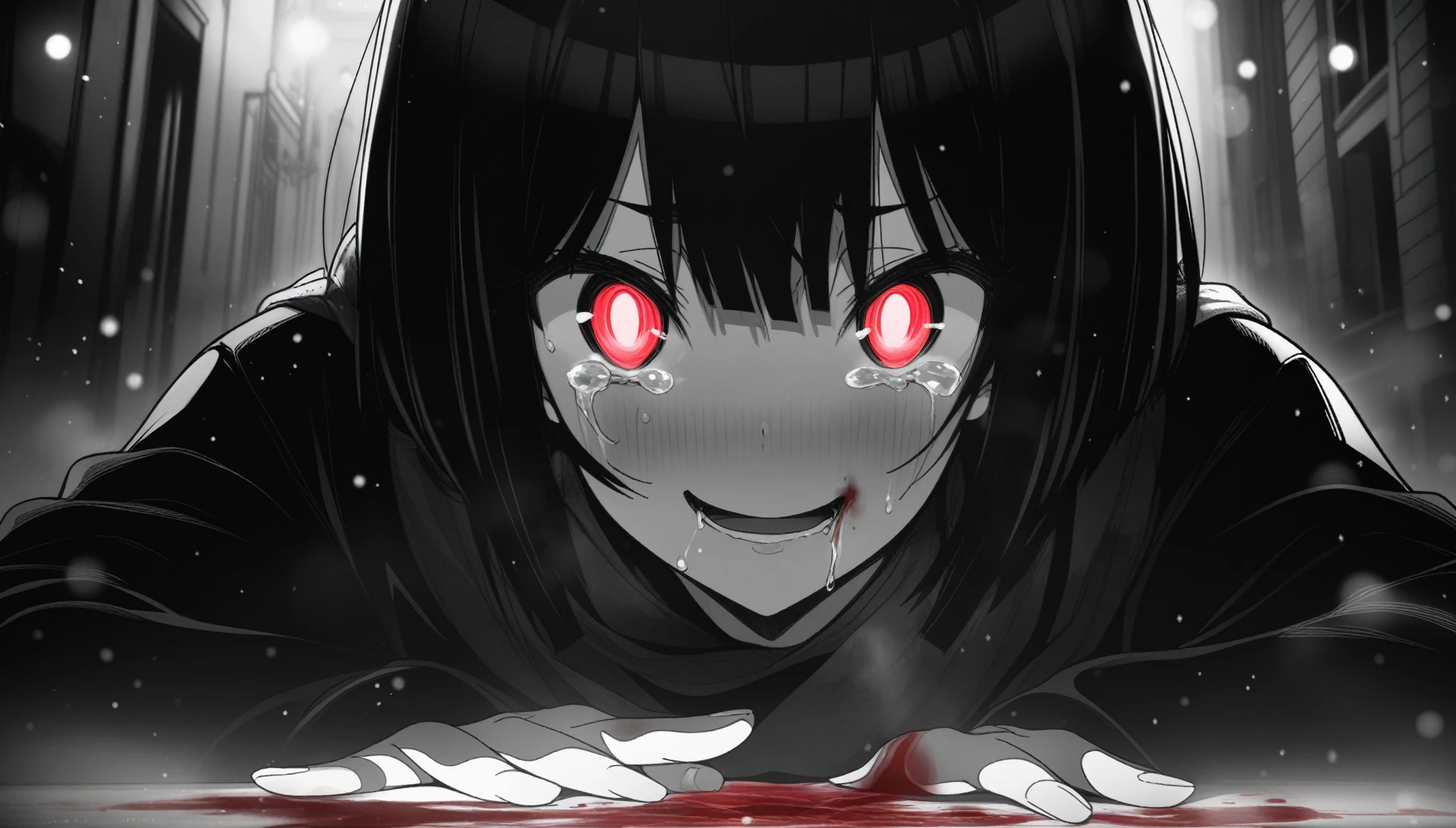 masterpiece, best quality, 1girl, momose_(oqo) official art, erere official art, fujima_takuya official art, grayscale, manga style, japanese, chi no wadachi, black eyes, glowing white pupils, street, iced, black hair, schoolbag, smile, crying, tears, tears streaming, blood, blood_from_mouth, bruise, nosebleed, lineart, face against the ground, looking at viewer, blood on face, black coat, black scarf, 35 years old, mature_female:1, tall, fair skinned, bokeh background, streaming, bob cut, light particles, centered, snowing, emotional anime scene, (very aesthetic, best quality, ultra detailed), intricate details, red and blue lights flashing, camera glare, finger_gun, pointing at viewer
