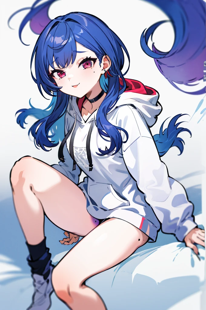 1girl, solo, white hoodie, blue hair, hood, black socks, long hair, bangs, long sleeves, no pants, hair behind ear, socks, choker, red eyes, jewelry, purple eyes, mole on thigh, medium breasts