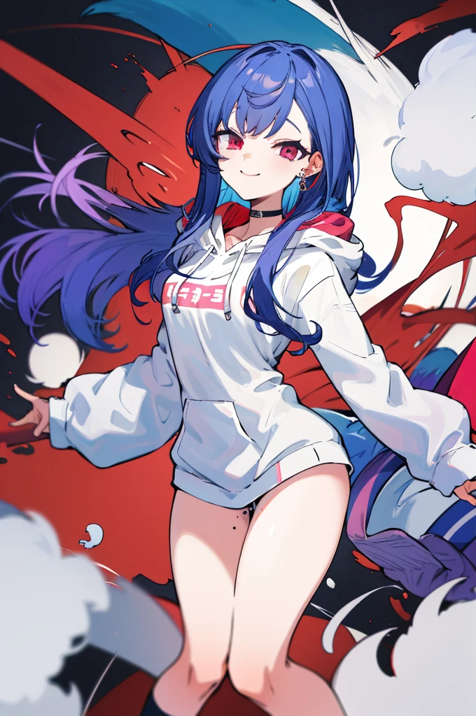 1girl, solo, white hoodie, blue hair, hood, black socks, long hair, bangs, long sleeves, no pants, hair behind ear, socks, choker, red eyes, jewelry, purple eyes, mole on thigh, medium breasts