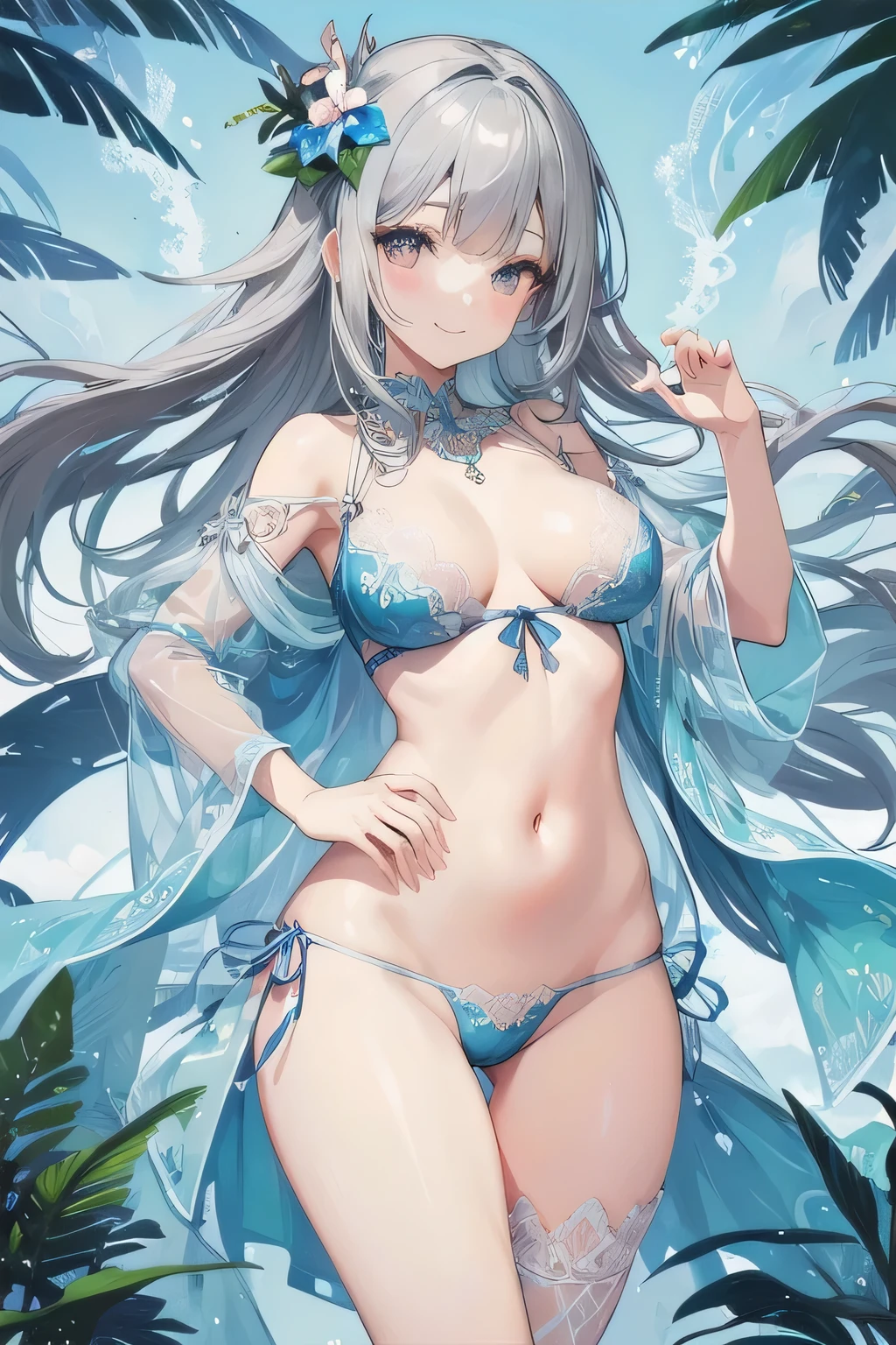 Super beautiful girl, Highest quality, Face in detail, Tropical flower background, Gray Hair, Light blue micro bikini, Lace decoration hair ornament, See-through, Emphasizes navel and curves, Big Ass, A kind smile, Small breasts