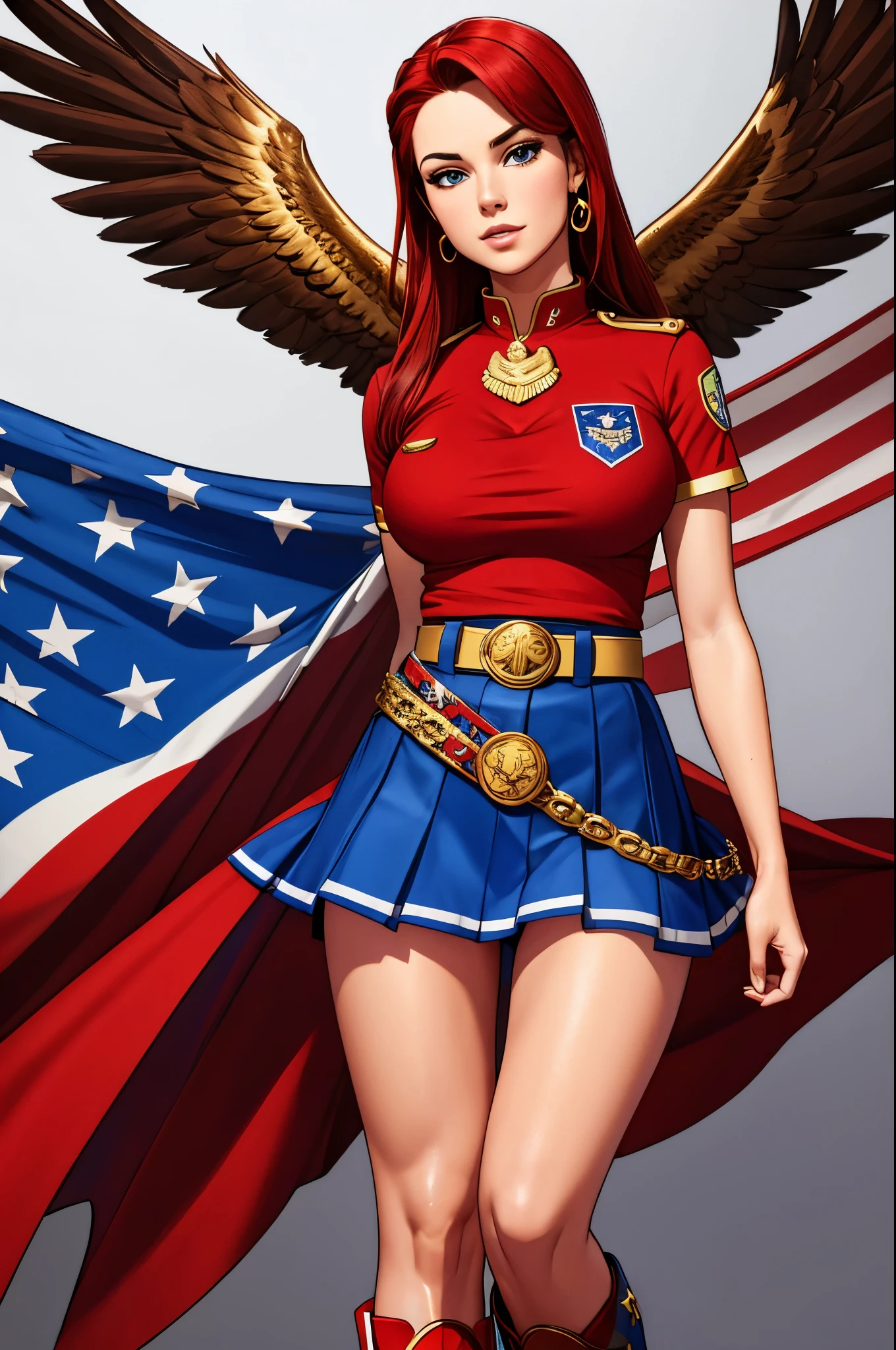 a red top with a golden eagle emblem, a white belt, blue star-spangled subligaculum, and red and golden go-go boots, skirt