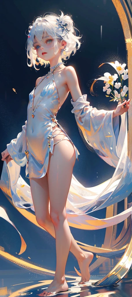 A girl、symmetry,Daughter,whole body 女恋,Put your hands together and bloom,(Very detailed:1.1),((small :1.2))、The eyes are well drawn、Charming eyes、Double tail、Wear jewelry and pearls around your neck,Transparent openwork、Deep V、Crystal Pearls、在Wear jewelry and pearls around your neck,white hair, show your thighs, Bare shoulders, Show Clavicle, Yao Liu, barefoot,((whole body))、painful posture