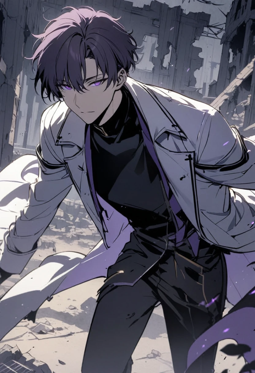 Handsome, solo, male, short hair, hair covers left eye, dark lavender hair, purple eyes, ruins, black shirt, black pant, black and white coat