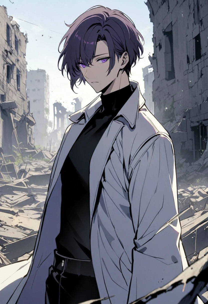 Handsome, solo, male, short hair, hair covers left eye, dark lavender hair, purple eyes, ruins, black shirt, black pant, black and white coat