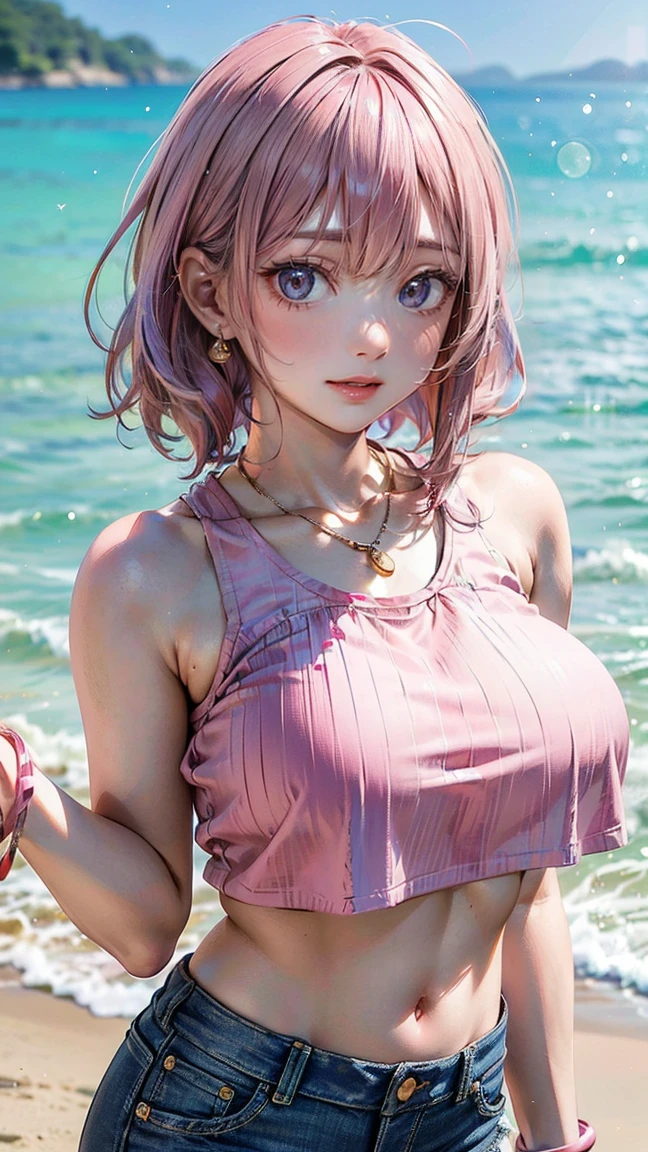 (Masterpiece, BestQuality:1.3), (ultra detailed:1.2), (hyperrealistic:1.3), (RAW photo:1.2), High detail RAW color photo, professional photograph, (Photorealistic:1.4), (realistic:1.4), (Pink Hair:1.5), professional lighting, perfect anatomy, (Big Breasts:1.2), (blush, detailed face), (cheerful Smile:1.5), Trending Hair&Trending Hairカラーをランダムに, earrings, necklace, bracelet, sexly, erotic sexly, Random sexy gravure poses, (A woman wearing a blue crop top and denim shorts、She is posing sexy on the beach and smiling happily for the camera.。Pink Hairのポニーテールが揺れている。: 1.3)