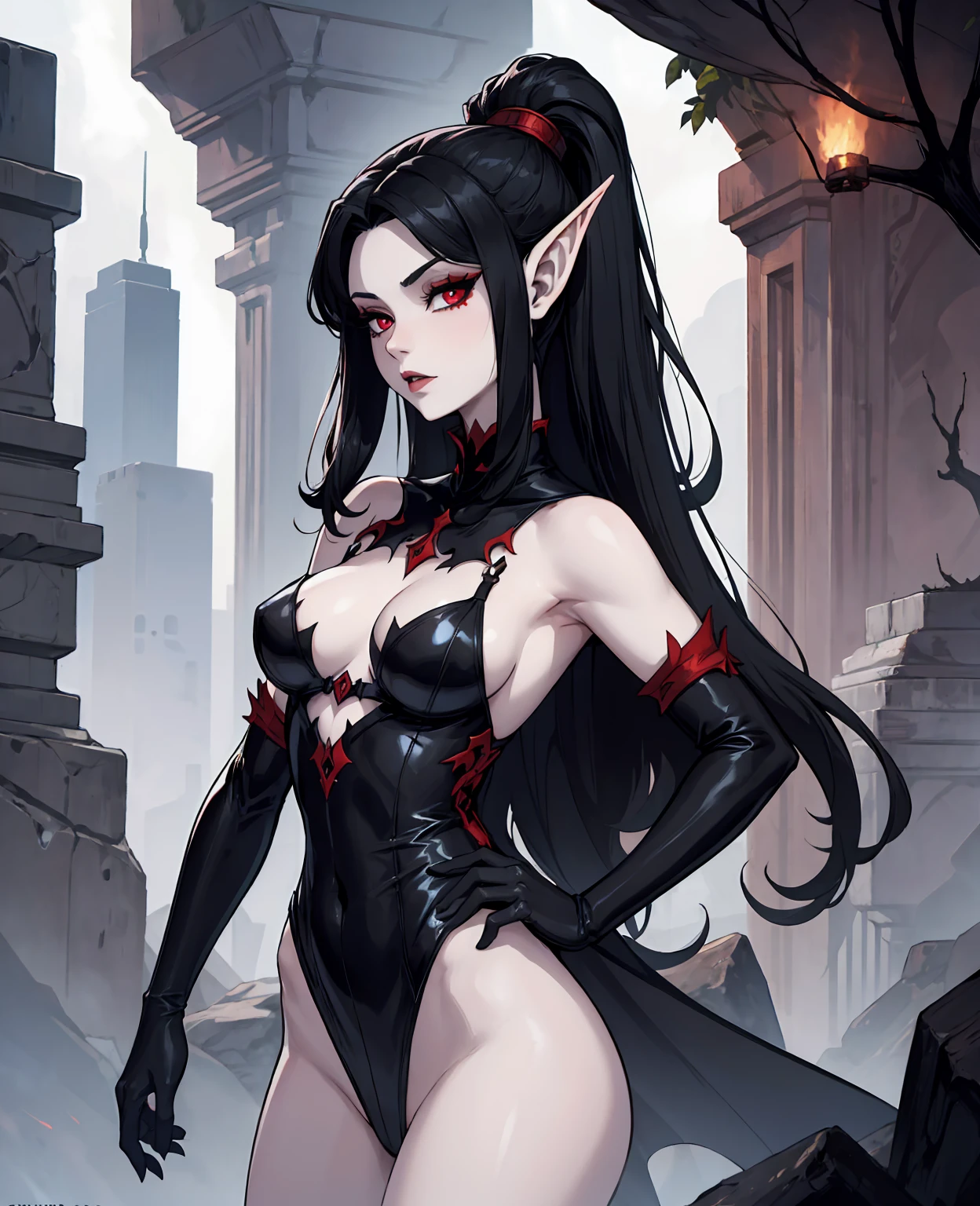 a devilish woman with black hair, pale skin, and red eyes, wearing an elf-like costume, in a dark and mysterious setting,