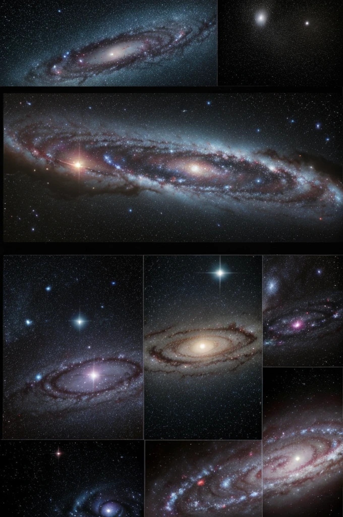 9 galaxies with 3 arranged in a triangle above 4 forming a rectangle and 2 parallel to one side of triangle . all must have space between them