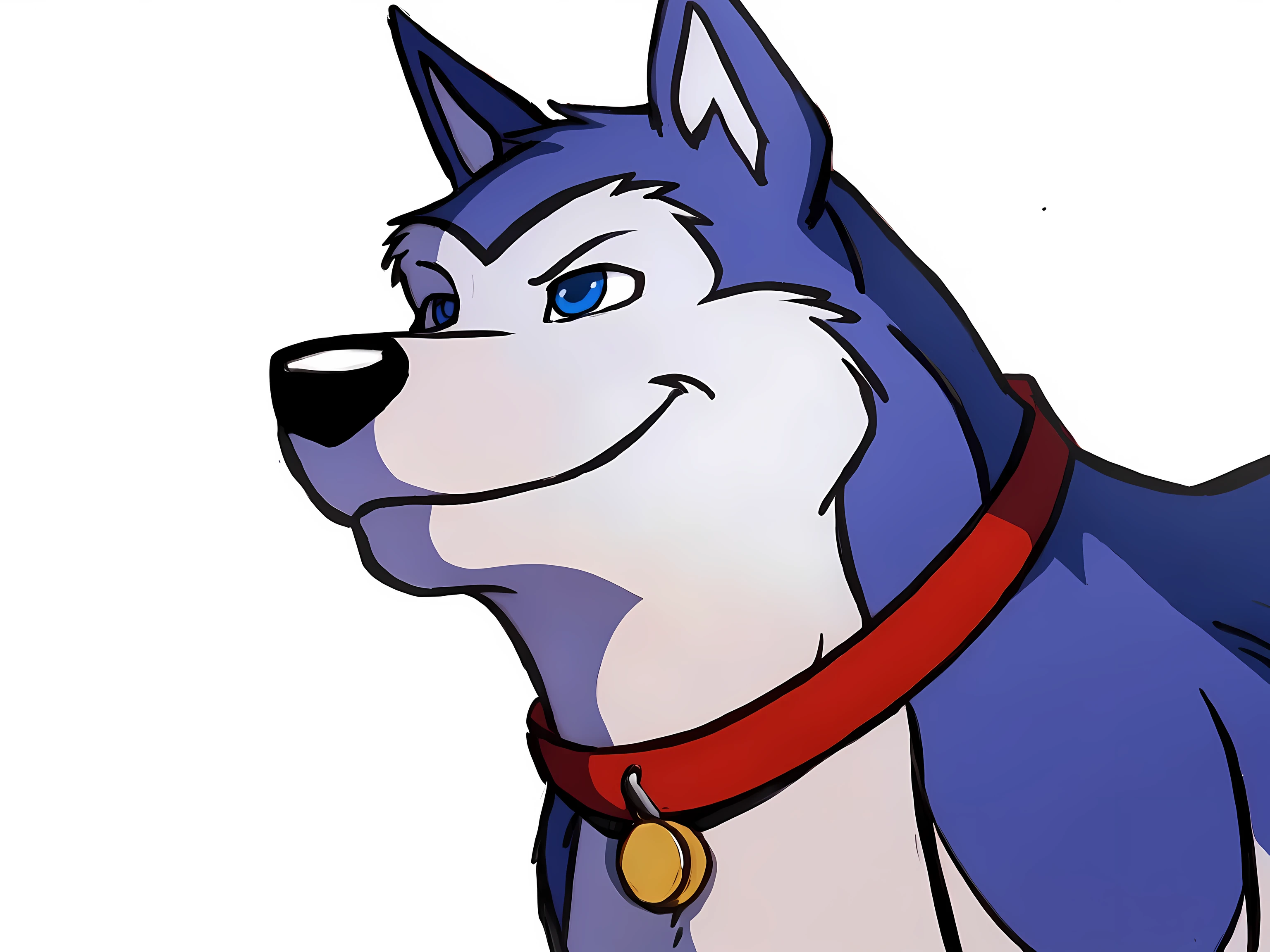 Exile (Road Rovers), blue fur, white fur, feral, feral body, quadruped, husky, pointy ears, dog, solo, red dog collar, pet tag coin, smile, high quality, best resolution, cel shaded, (blue eyes, detailed eyes):1.1, (white background, no background):1.1, by marjani, by rossciaco, by virtyalfobo, correct proportions, correct anatomy, 