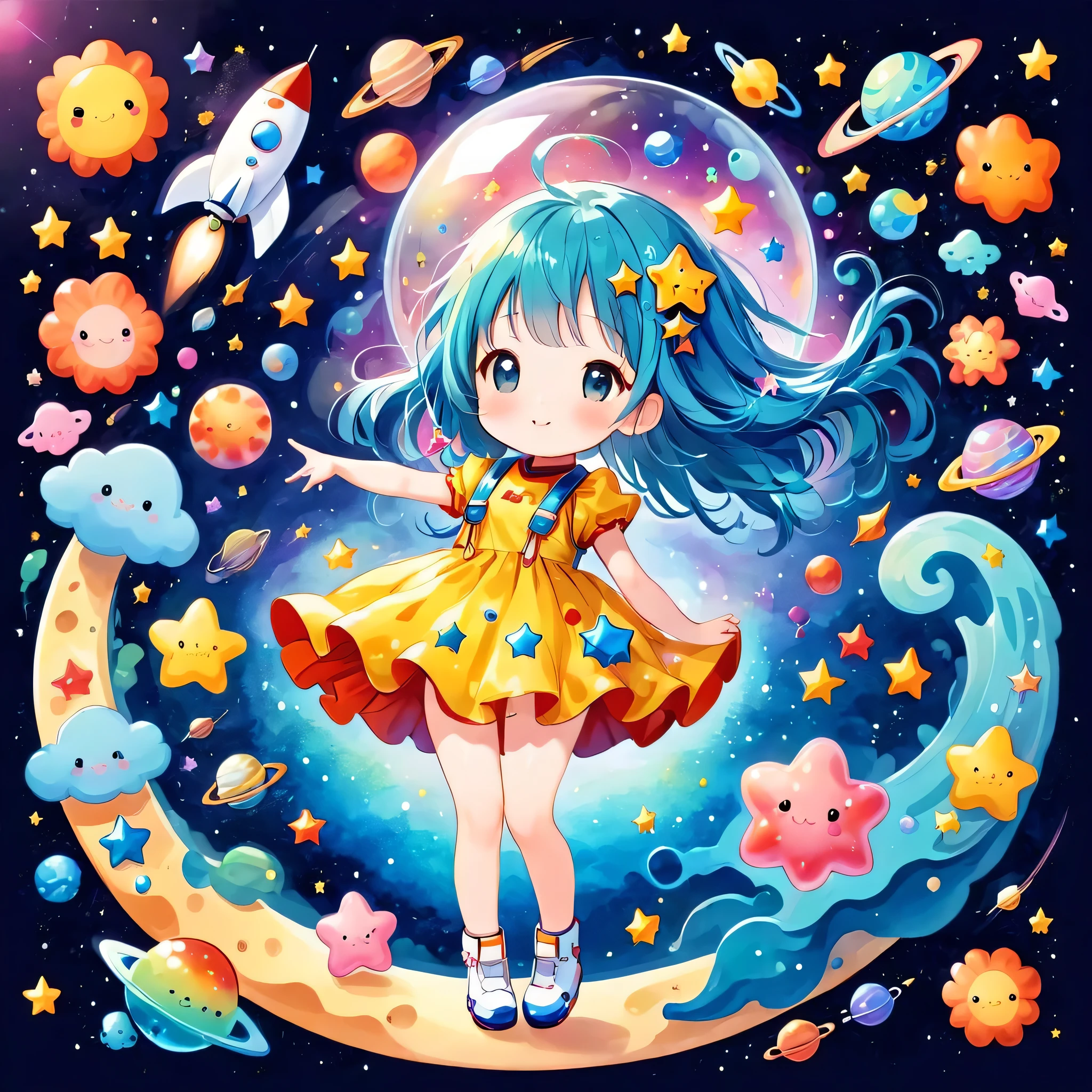 Mika Pikazo style、Kawaii Design, The most beautiful girl of all time、chibi, (((Cute and colorful amoeba))), (((Space Exploration)))
