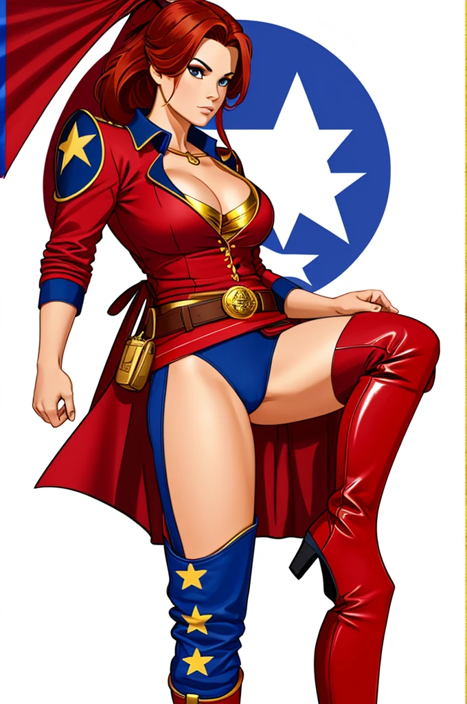 a red top with a golden eagle emblem, a white belt, blue star-spangled subligaculum, and red and golden go-go boots