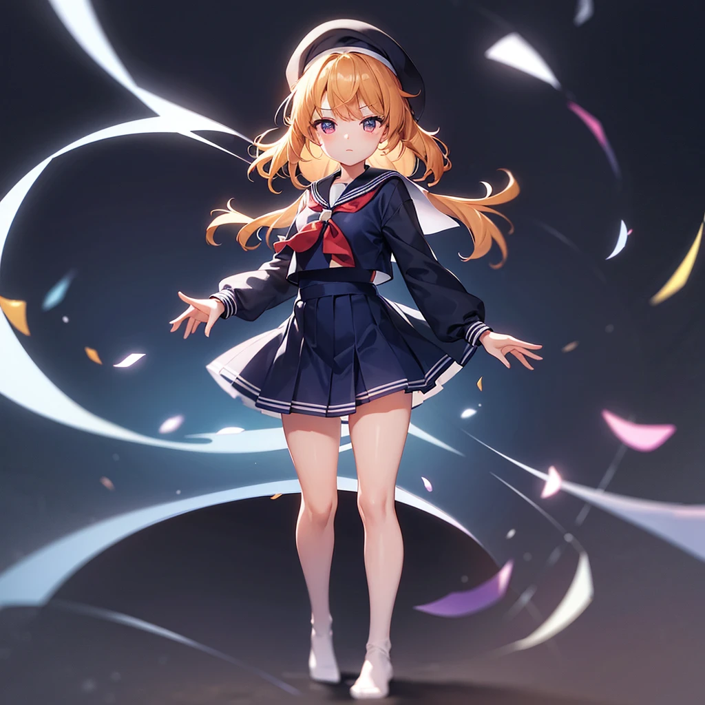 ((Sailor suit)),Big red ribbon,(((Navy Mini Skirt))),beret,Cute little loli,Tiny Lori,Small girl,,Childish face, Very fine clean face,Top quality, Big eyes,Straight Hair,Yellow hair,Crimson Eye,(Dark Room), Subtle light, Natural light,Soft lighting,Light from directly behind, (Are standing), Cute pose, Open your hands, Showing the whole body,Front view,Black background