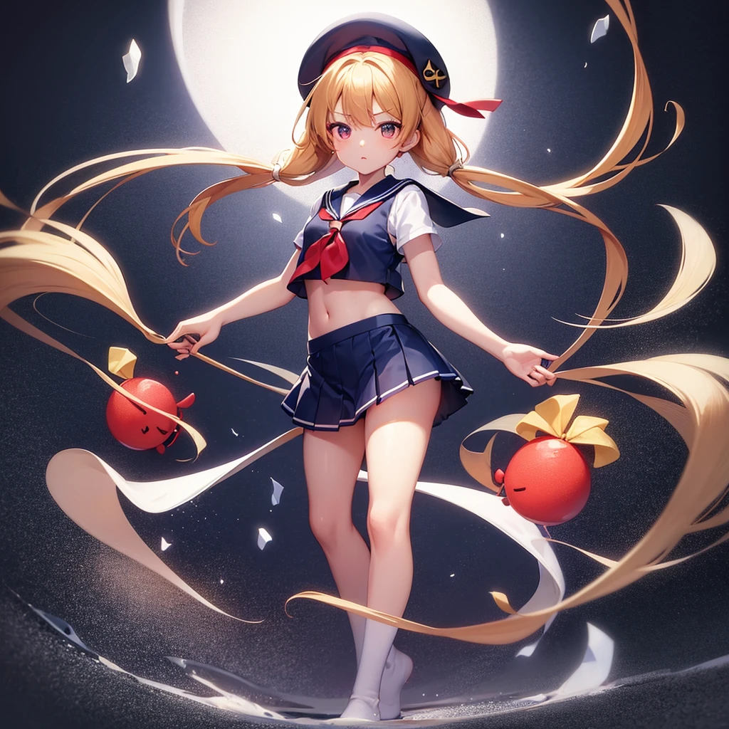 ((Sailor suit)),Big red ribbon,(((Navy Mini Skirt))),beret,Cute little loli,Tiny Lori,Small girl,,Childish face, Very fine clean face,Top quality, Big eyes,Straight Hair,Yellow hair,Crimson Eye,(Dark Room), Subtle light, Natural light,Soft lighting,Light from directly behind, (Are standing), Cute pose, Open your hands, Showing the whole body,Front view,Black background